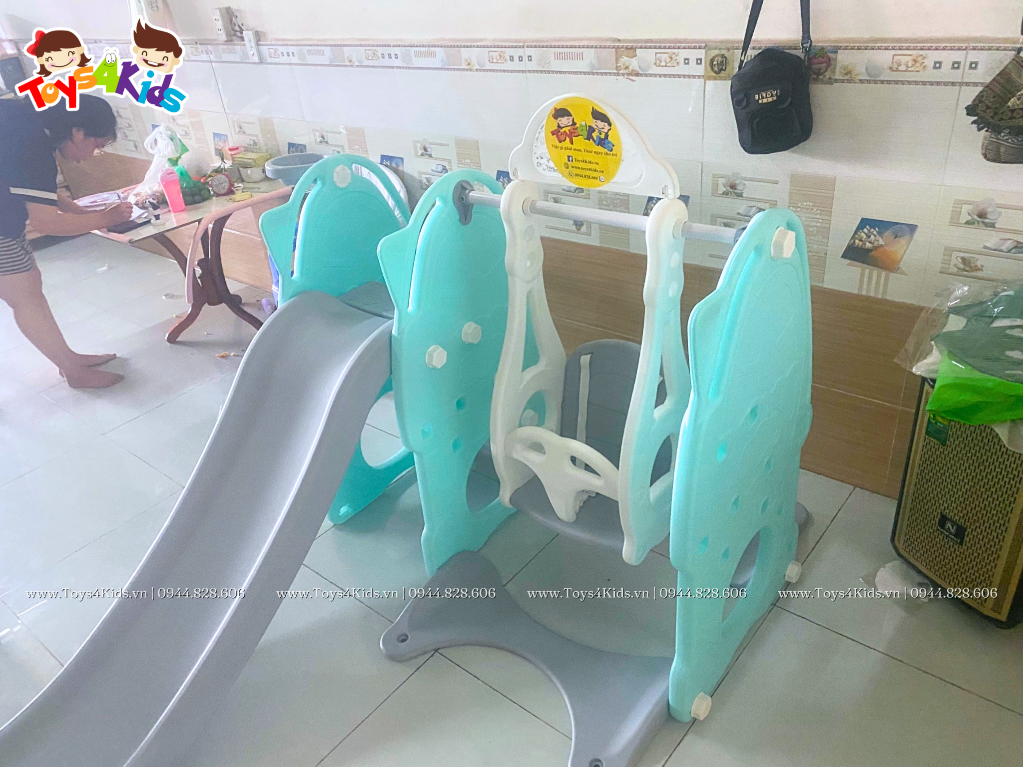  Cầu trượt xích đu kết hợp bóng rổ xanh ngọc 4 trong 1 