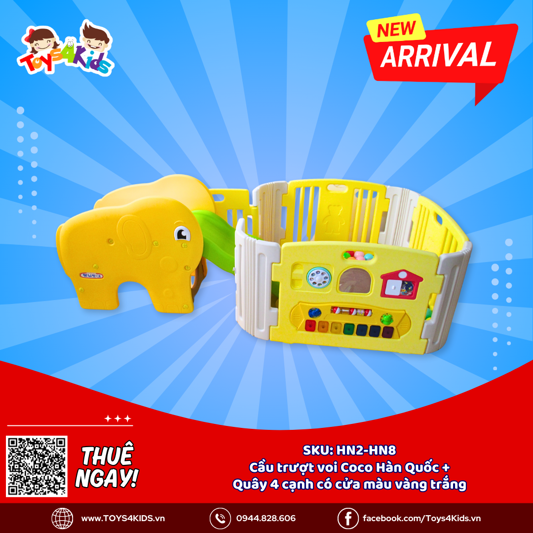  Combo Cầu trượt mini chú voi Coco Hàn Quốc + Quây 4 cạnh có cửa và đồ chơi màu vàng trắng 