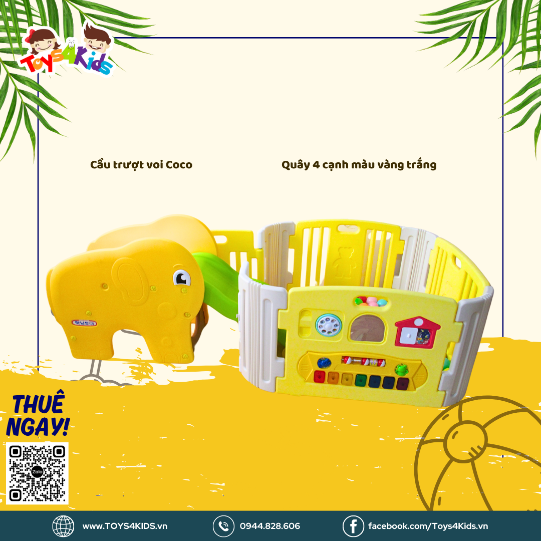 Combo Cầu trượt mini chú voi Coco Hàn Quốc + Quây 4 cạnh có cửa và đồ chơi màu vàng trắng 