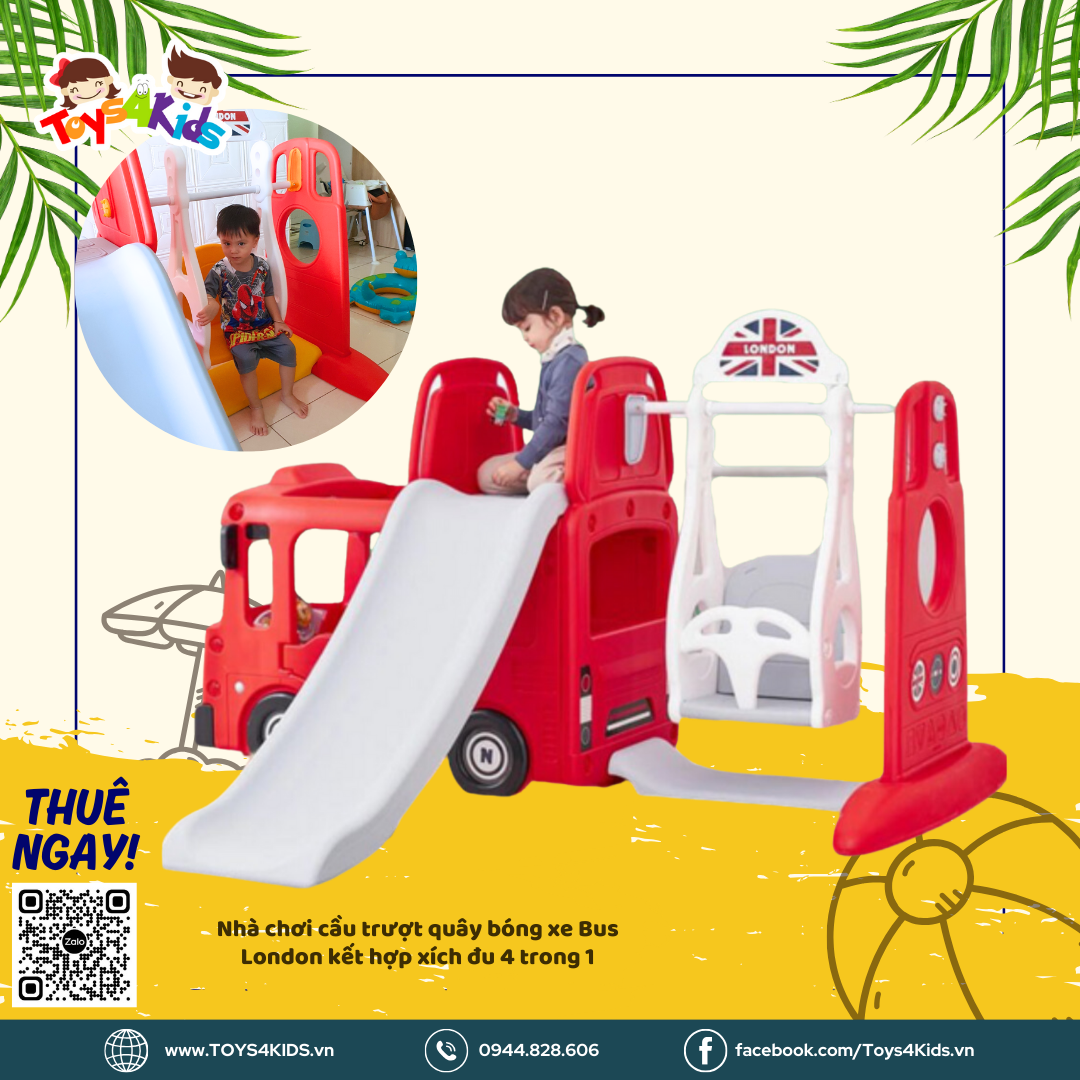  Nhà chơi cầu trượt quây bóng xe Bus London kết hợp xích đu 4 trong 1 