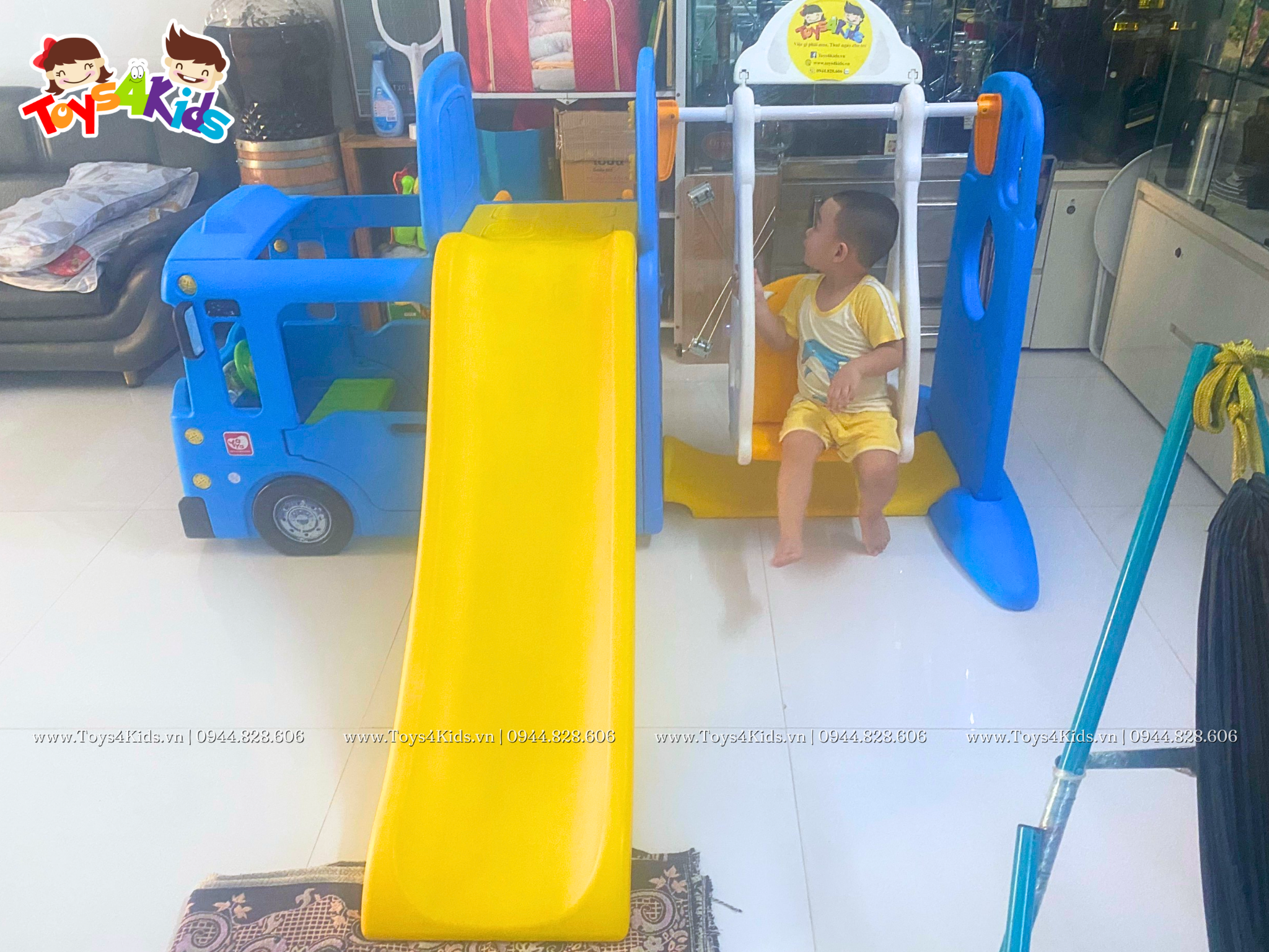  Nhà chơi cầu trượt quây bóng xe Bus Tayo kết hợp xích đu 4 trong 1 