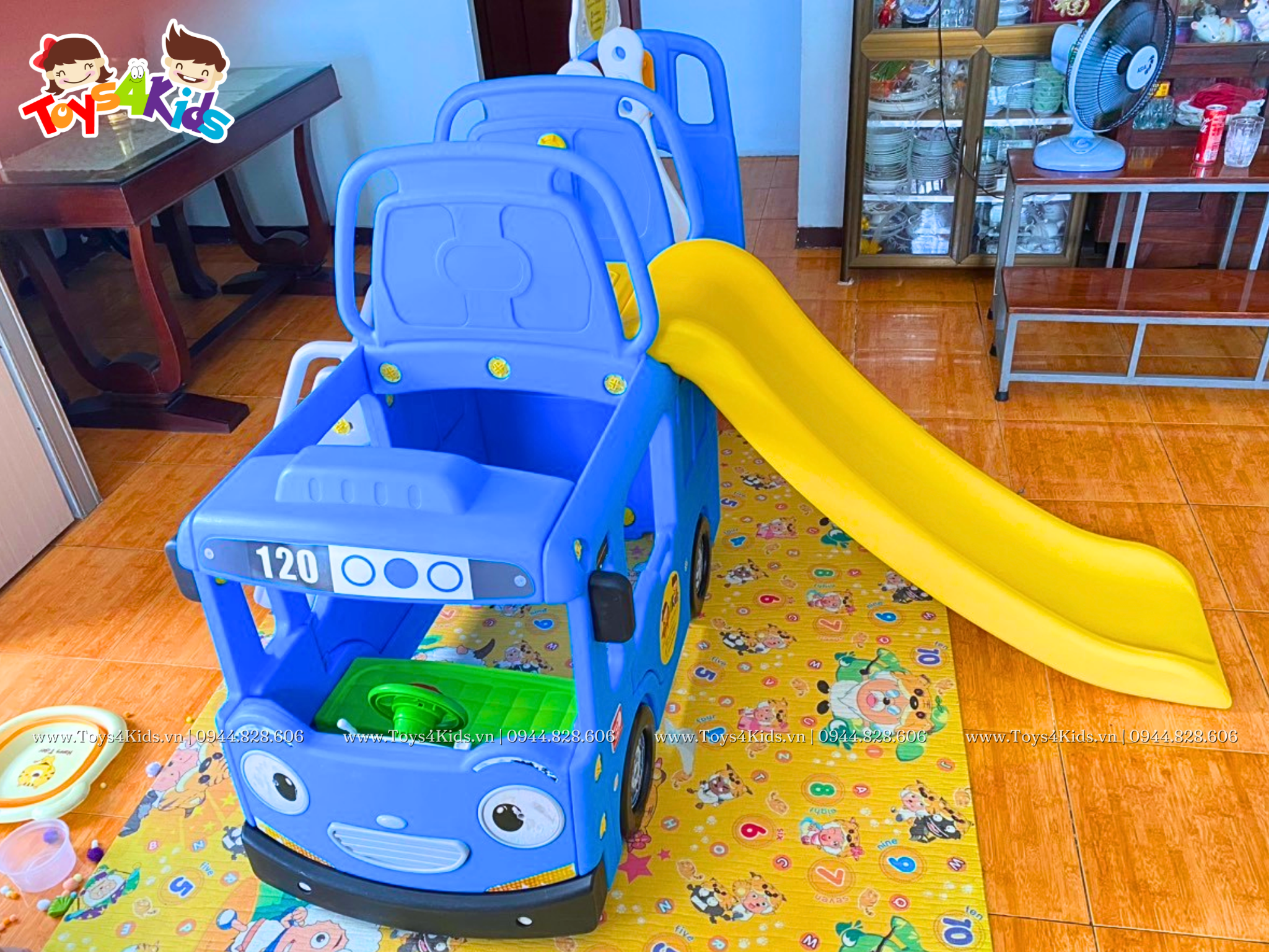  Nhà chơi cầu trượt quây bóng xe Bus Tayo kết hợp xích đu 4 trong 1 