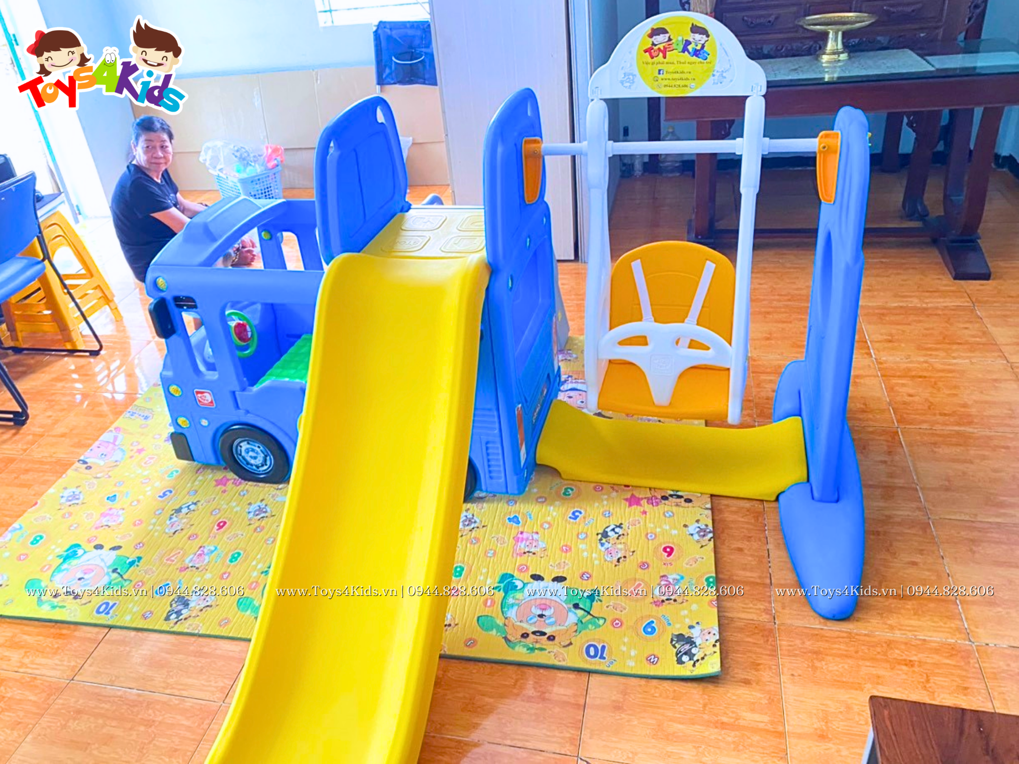  Nhà chơi cầu trượt quây bóng xe Bus Tayo kết hợp xích đu 4 trong 1 