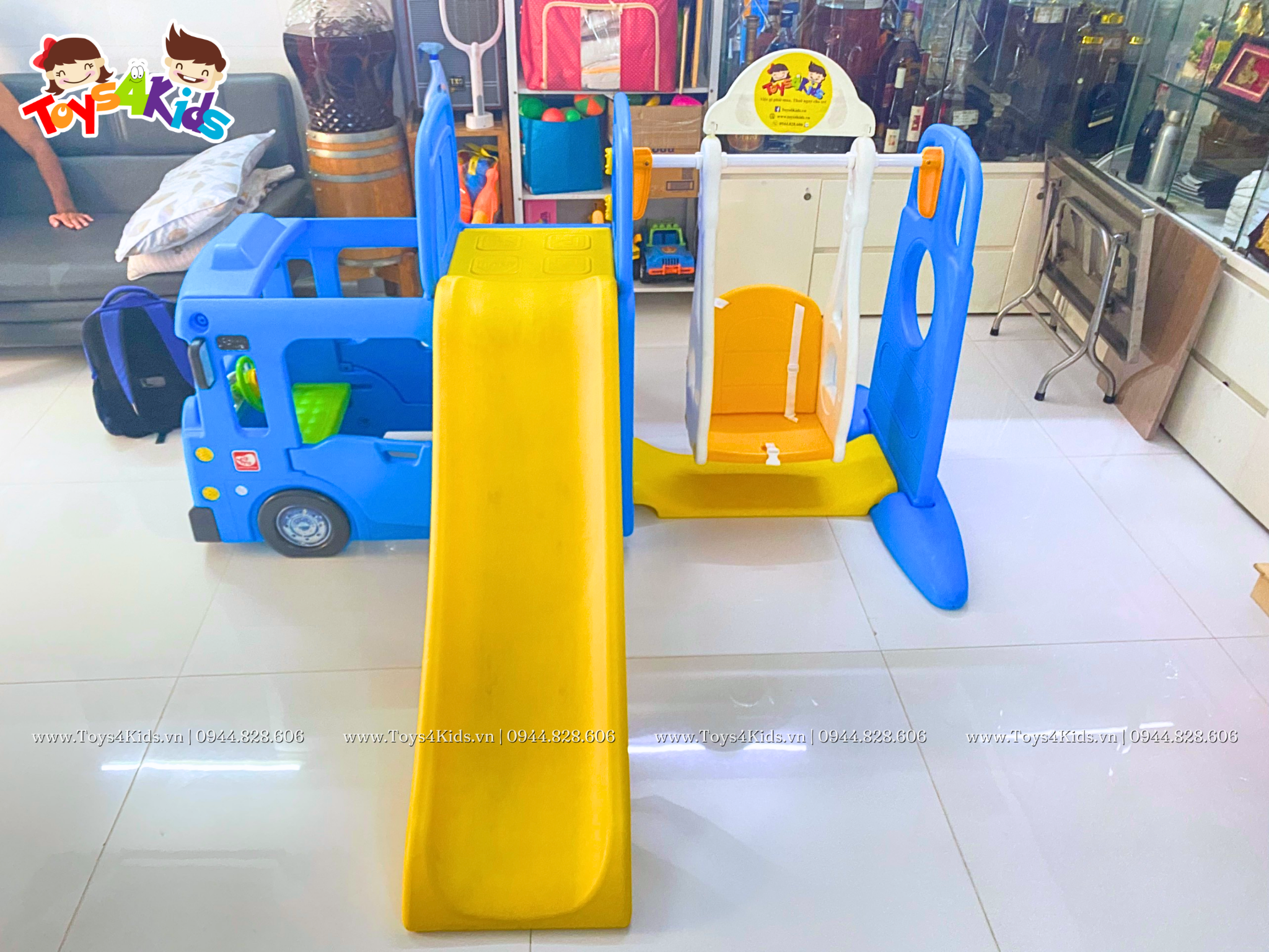  Nhà chơi cầu trượt quây bóng xe Bus Tayo kết hợp xích đu 4 trong 1 
