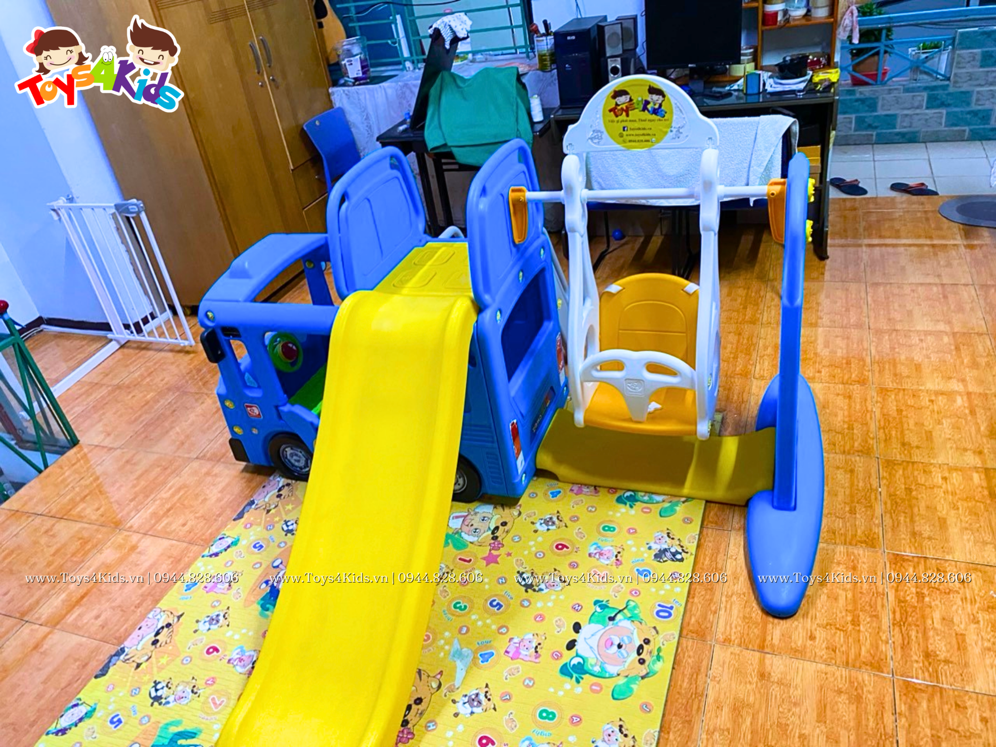  Nhà chơi cầu trượt quây bóng xe Bus Tayo kết hợp xích đu 4 trong 1 