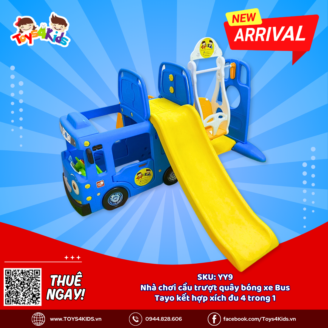  Nhà chơi cầu trượt quây bóng xe Bus Tayo kết hợp xích đu 4 trong 1 