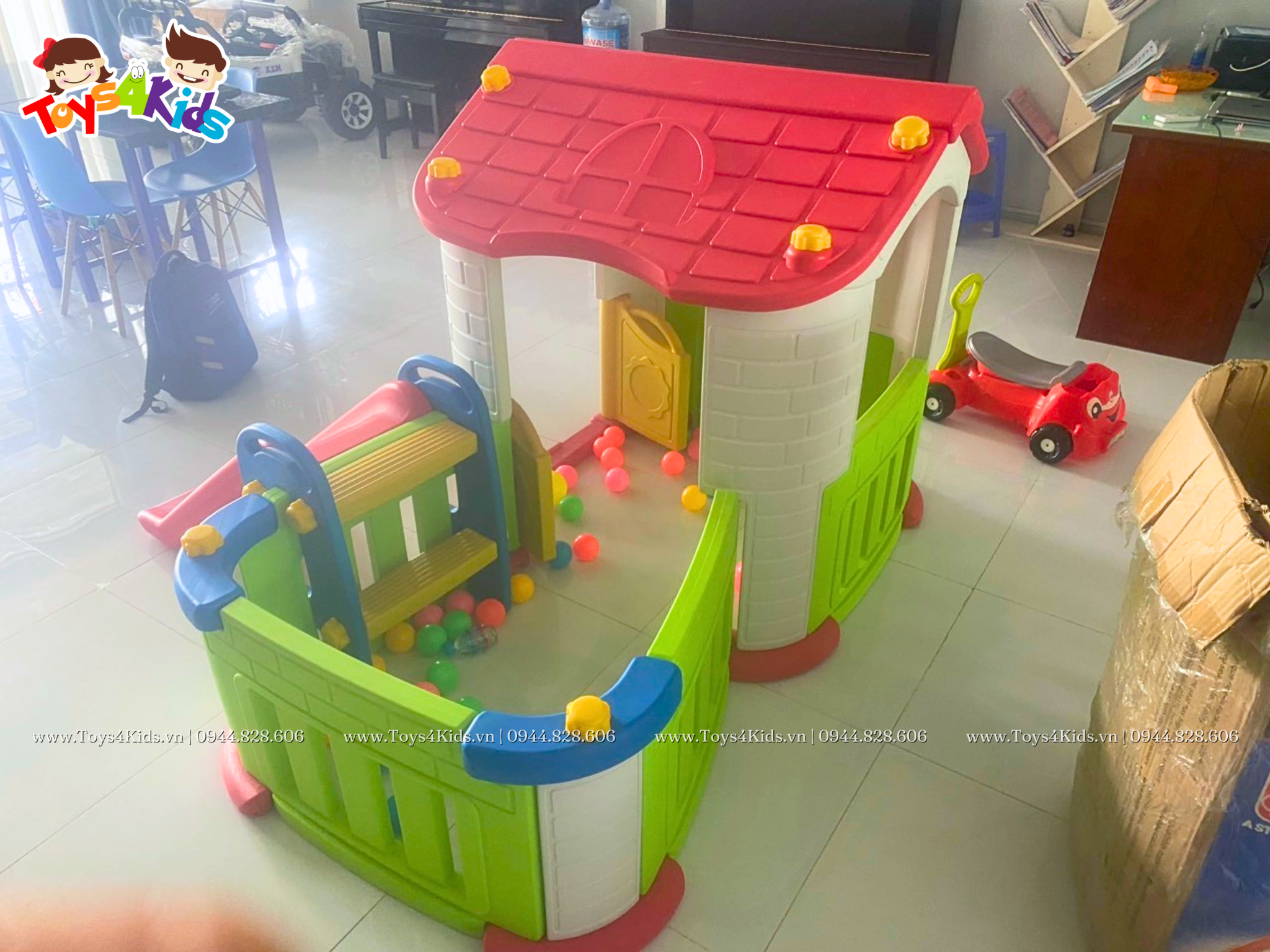  Nhà chơi cầu trượt quây đa năng màu đỏ 