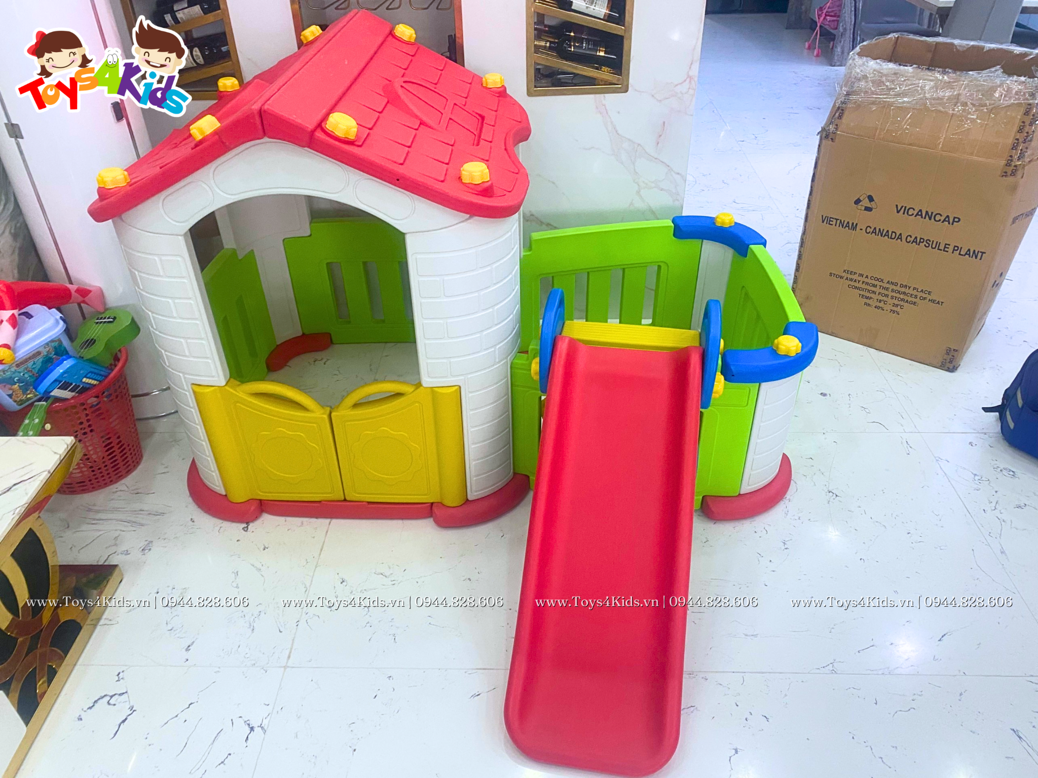  Nhà chơi cầu trượt quây đa năng màu đỏ 