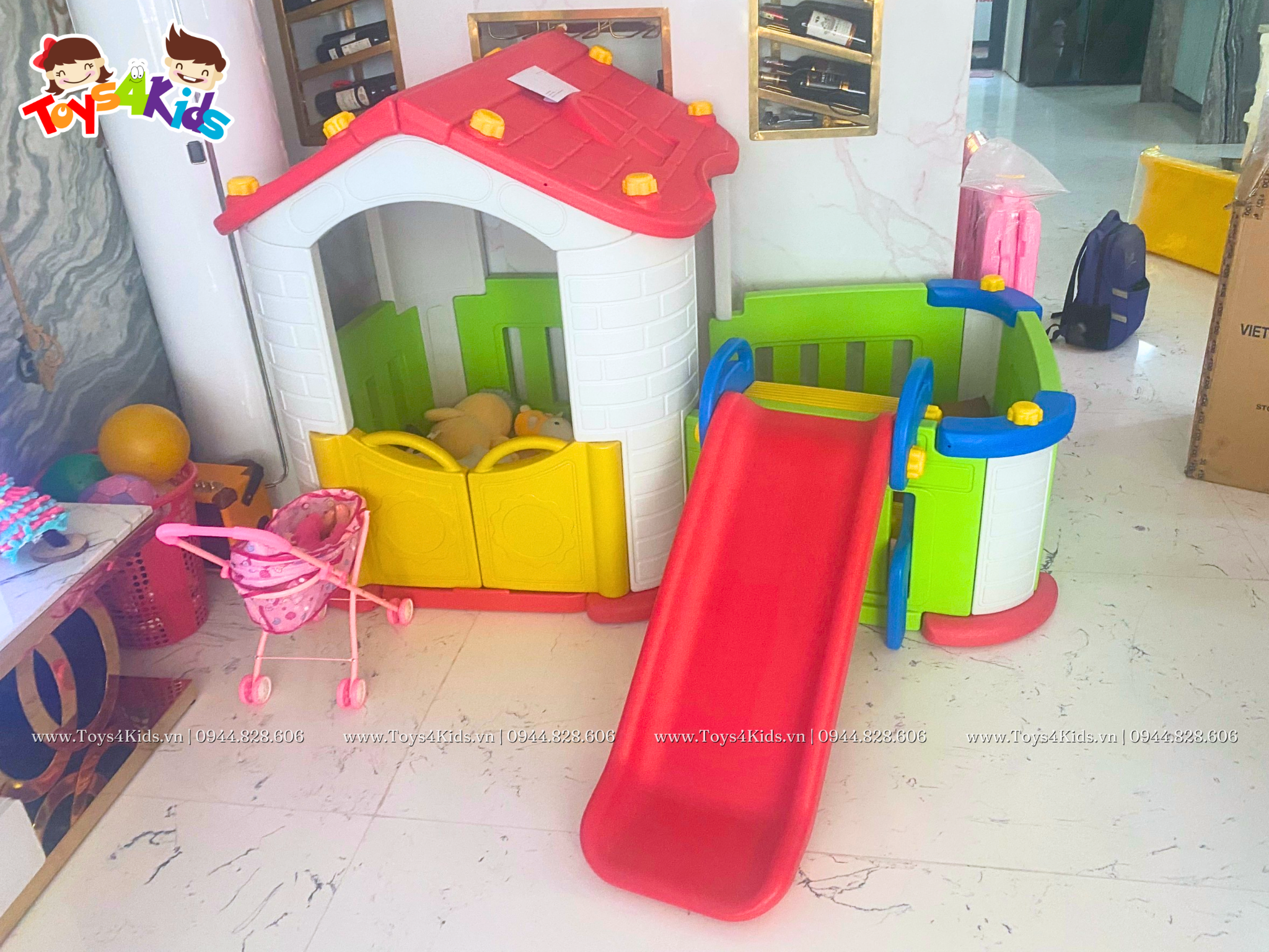  Nhà chơi cầu trượt quây đa năng màu đỏ 