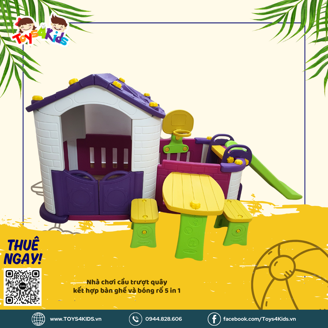  Nhà chơi cầu trượt quây kết hợp bàn ghế và bóng rổ 5 in 1 