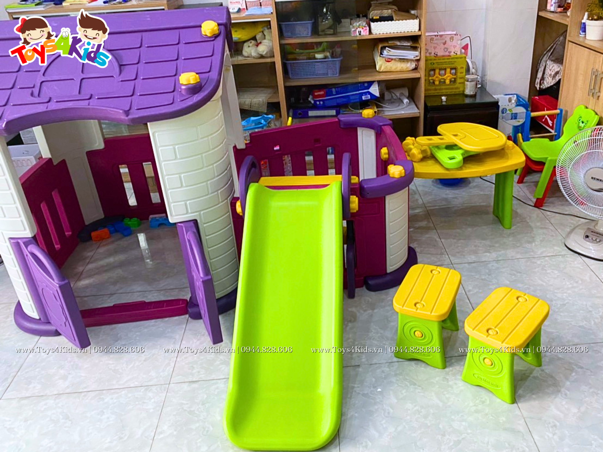  Nhà chơi cầu trượt quây kết hợp bàn ghế và bóng rổ 5 in 1 