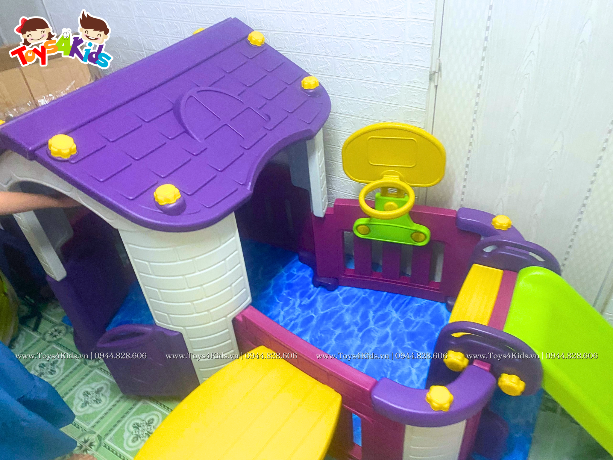  Nhà chơi cầu trượt quây kết hợp bàn ghế và bóng rổ 5 in 1 