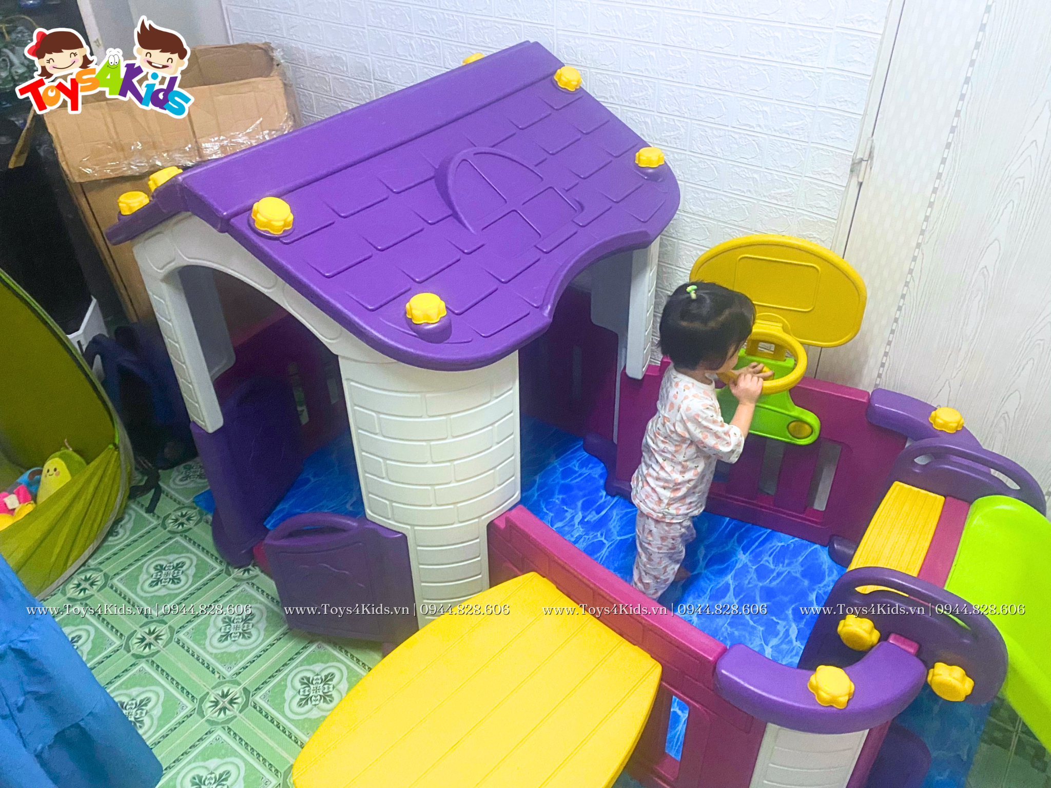  Nhà chơi cầu trượt quây kết hợp bàn ghế và bóng rổ 5 in 1 