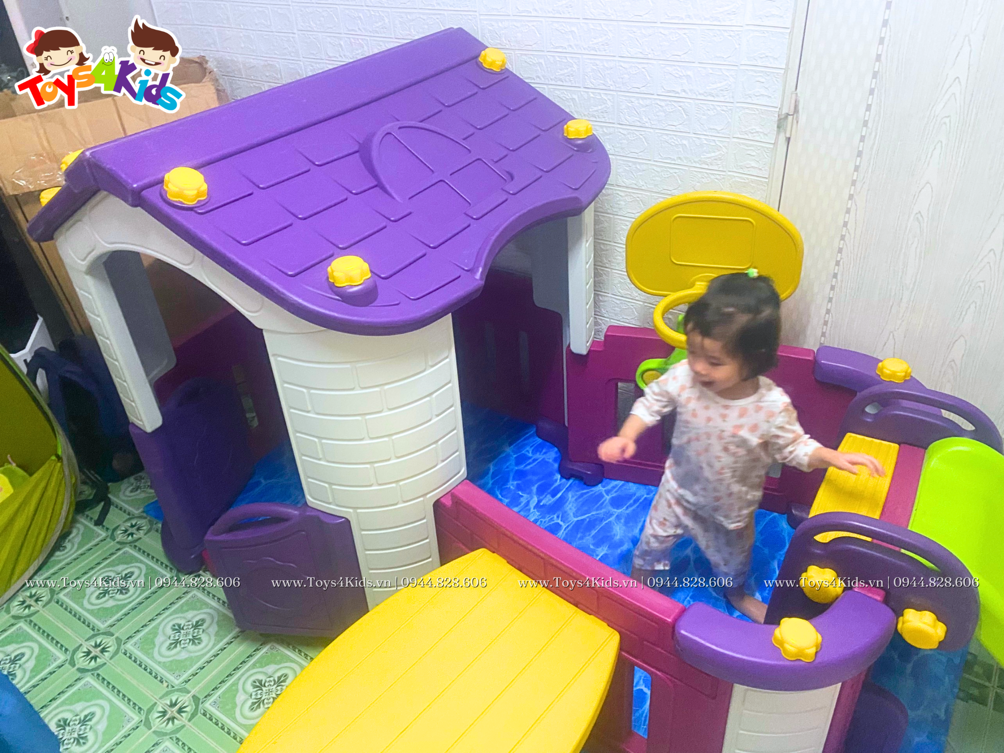  Nhà chơi cầu trượt quây kết hợp bàn ghế và bóng rổ 5 in 1 