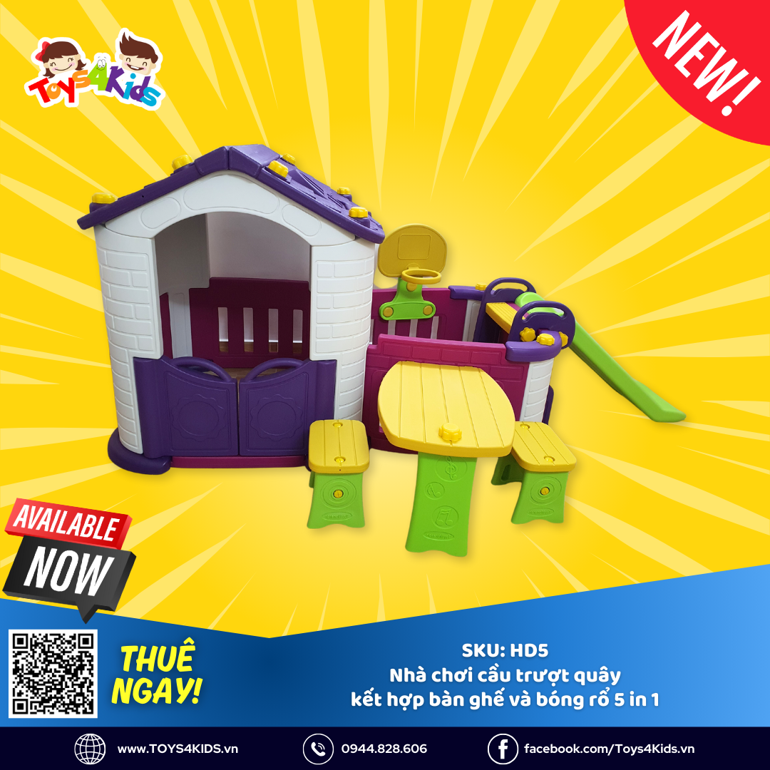  Nhà chơi cầu trượt quây kết hợp bàn ghế và bóng rổ 5 in 1 