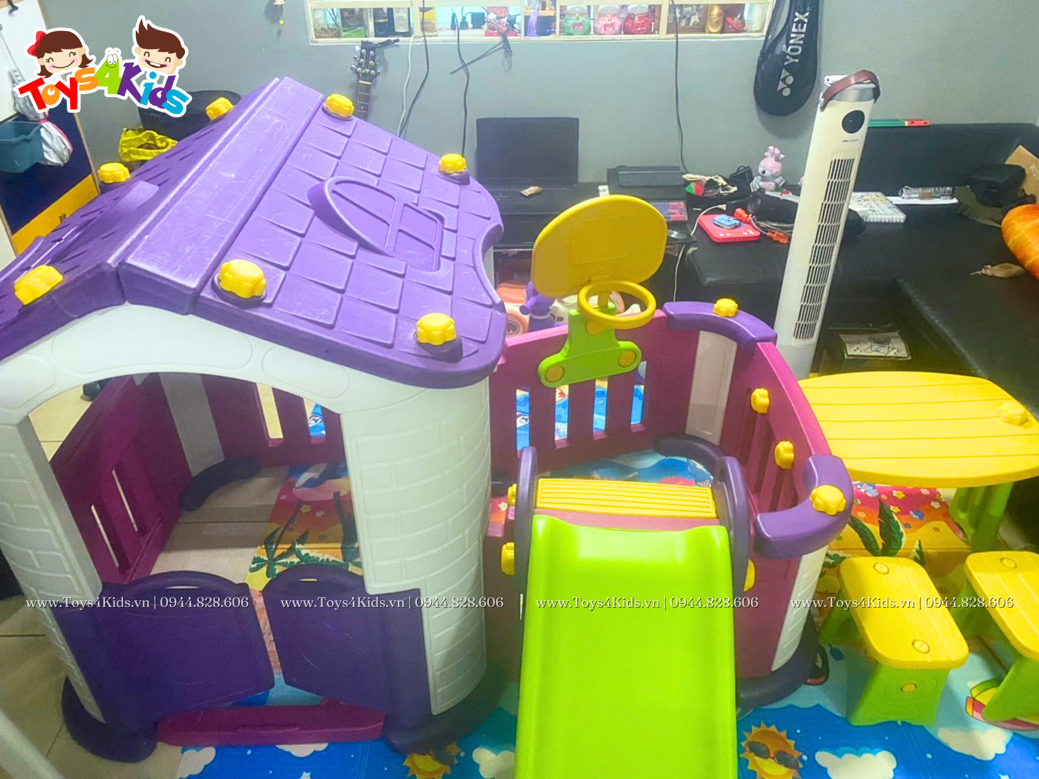  Nhà chơi cầu trượt quây kết hợp bàn ghế và bóng rổ 5 in 1 