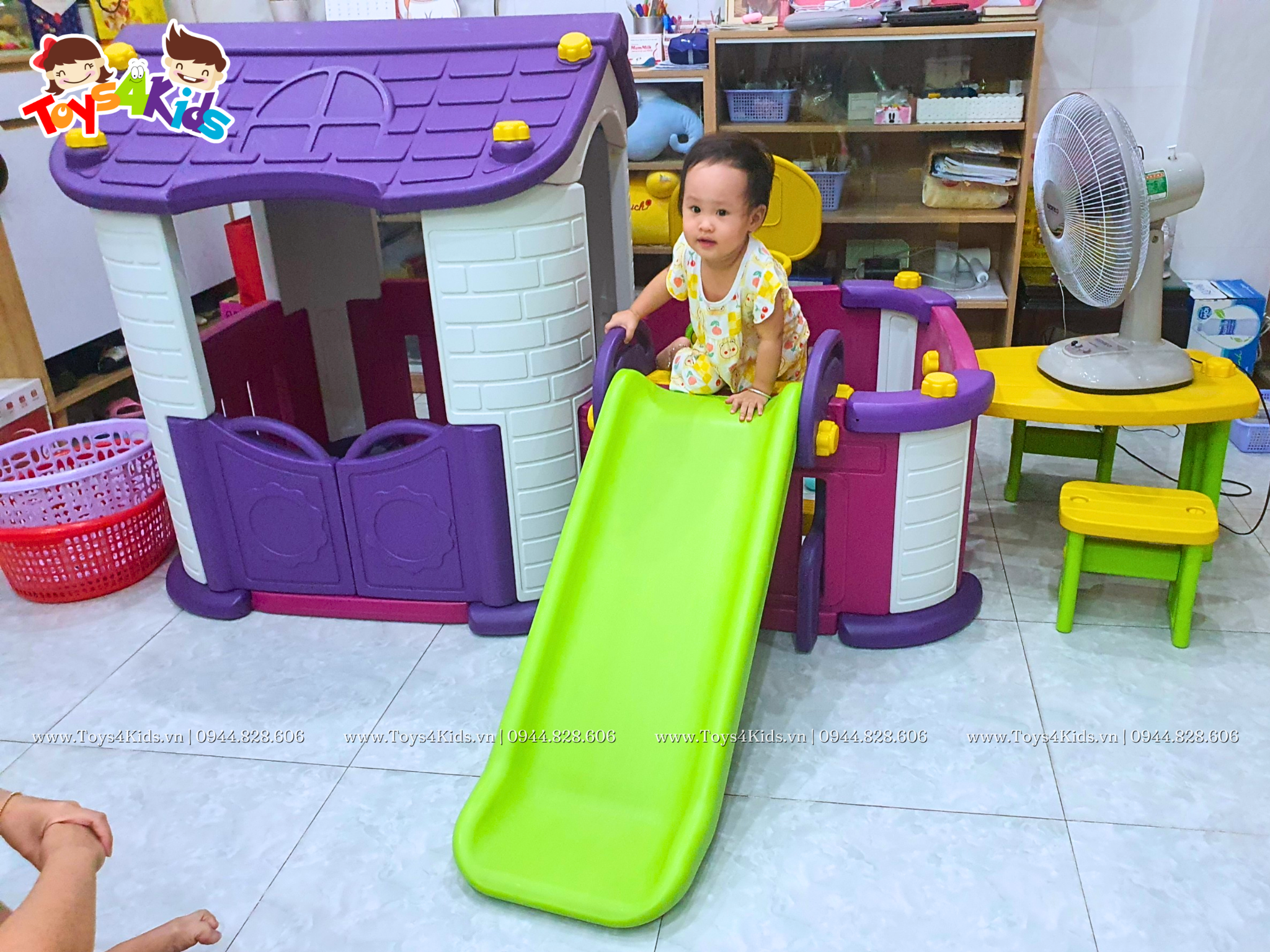  Nhà chơi cầu trượt quây kết hợp bàn ghế và bóng rổ 5 in 1 