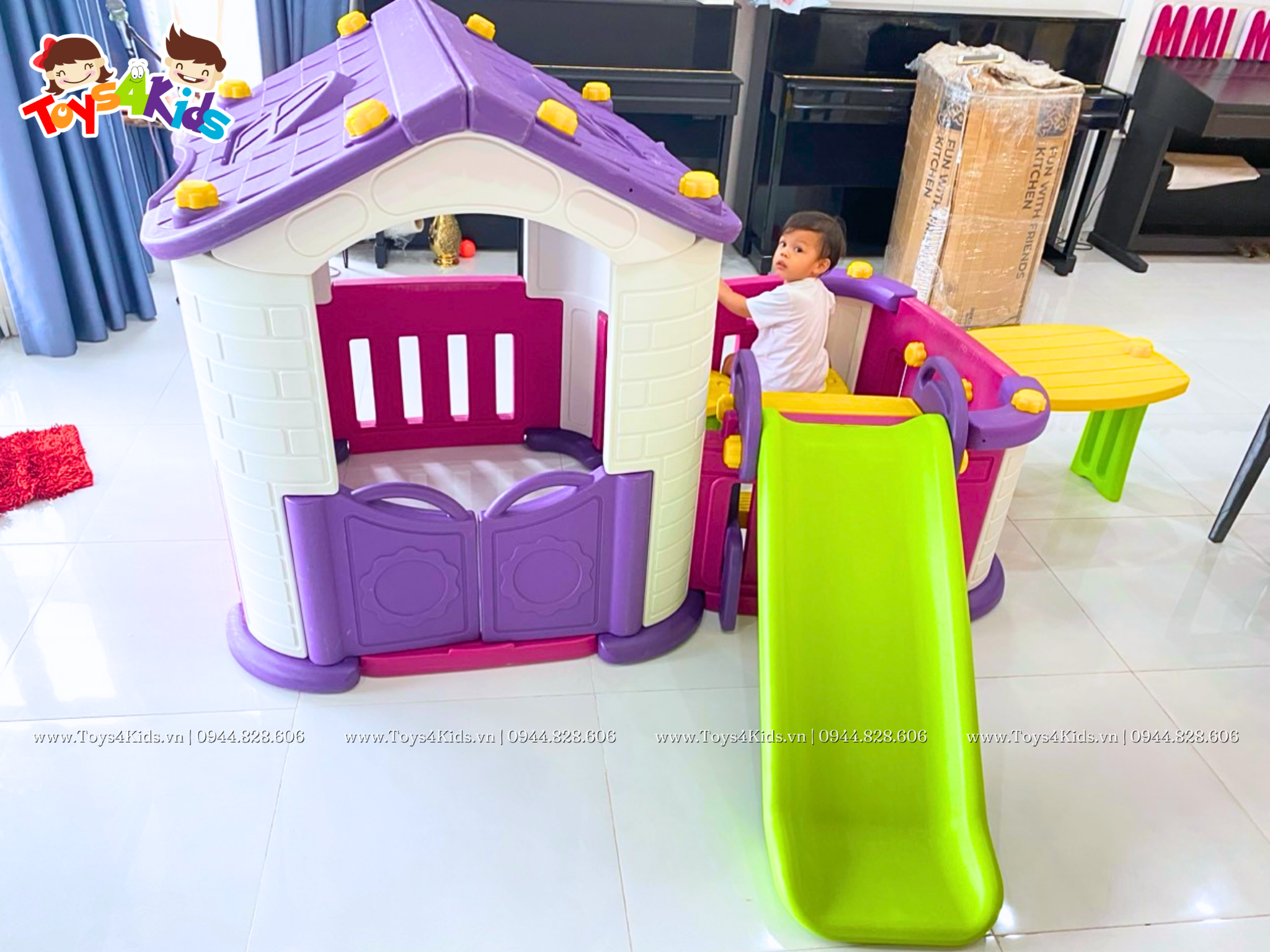  Nhà chơi cầu trượt quây kết hợp bàn ghế và bóng rổ 5 in 1 