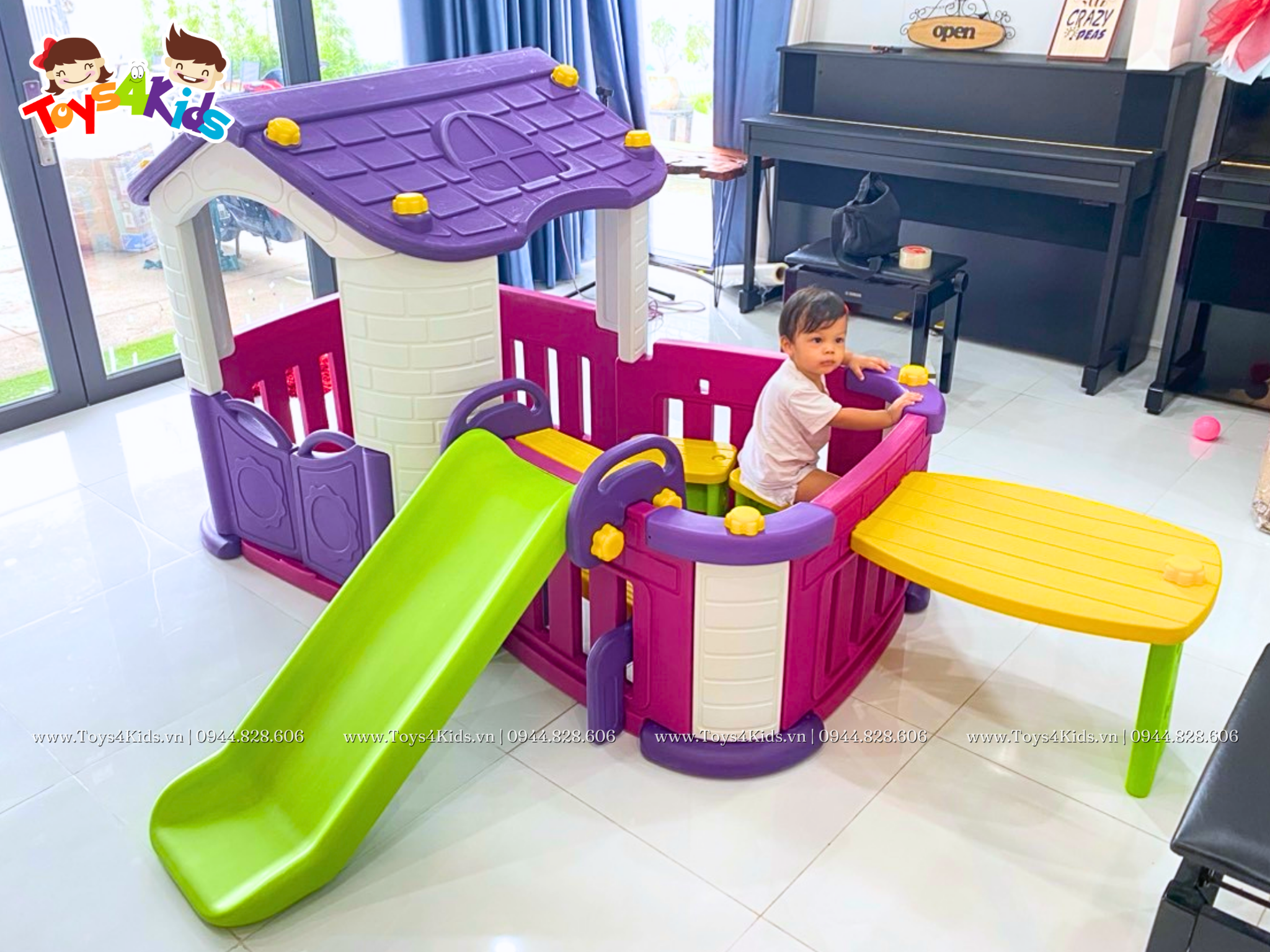  Nhà chơi cầu trượt quây kết hợp bàn ghế và bóng rổ 5 in 1 