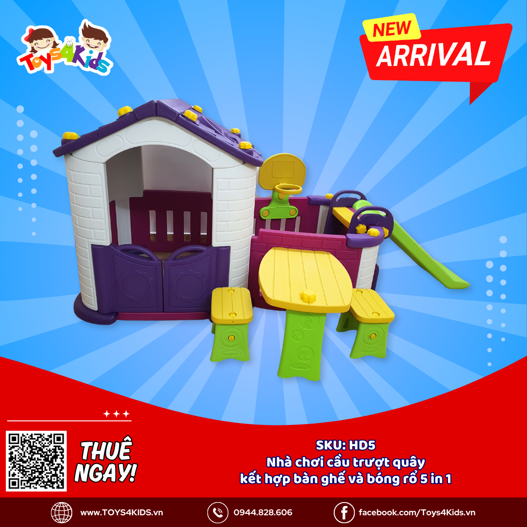  Nhà chơi cầu trượt quây kết hợp bàn ghế và bóng rổ 5 in 1 