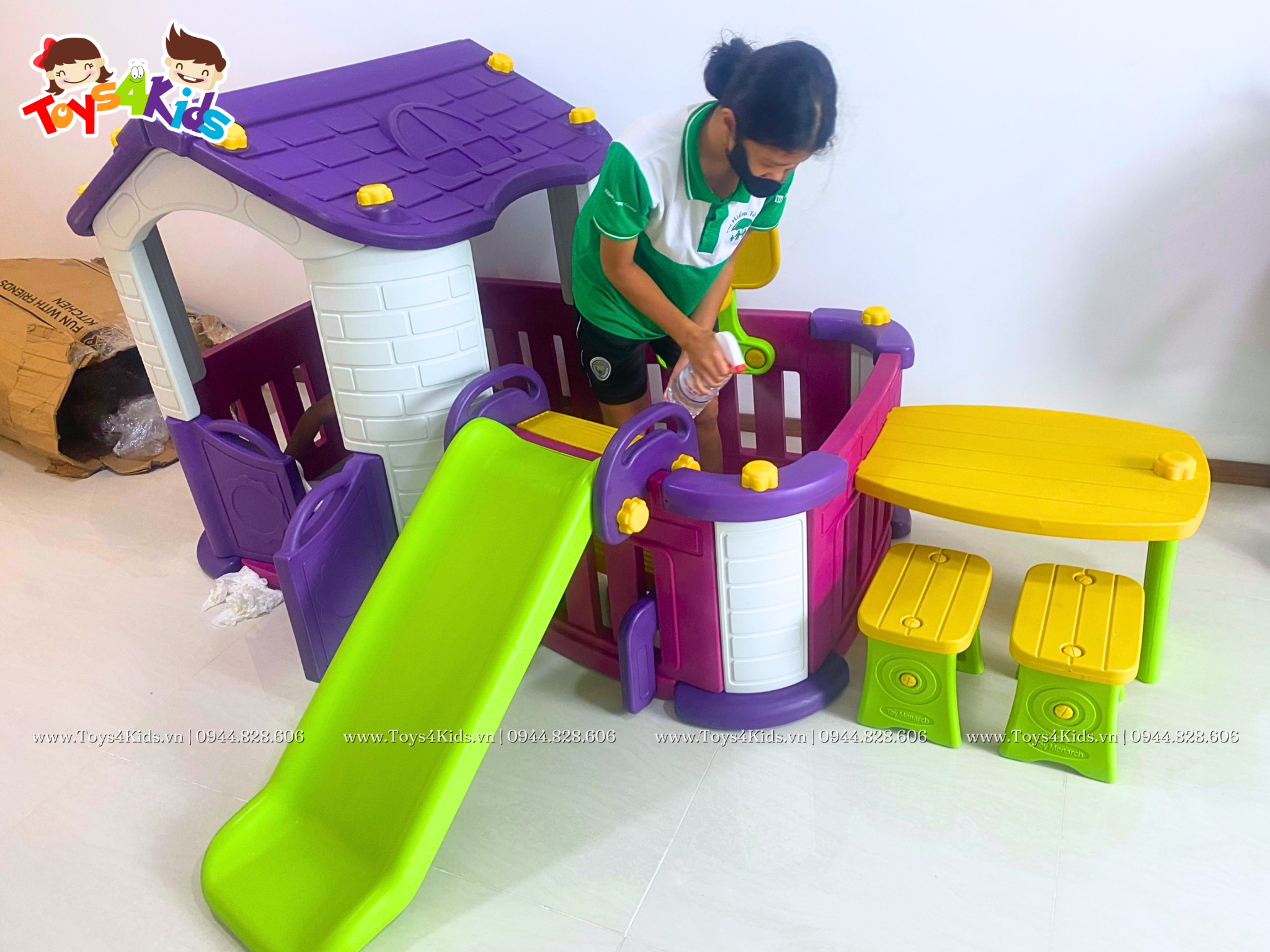  Nhà chơi cầu trượt quây kết hợp bàn ghế và bóng rổ 5 in 1 