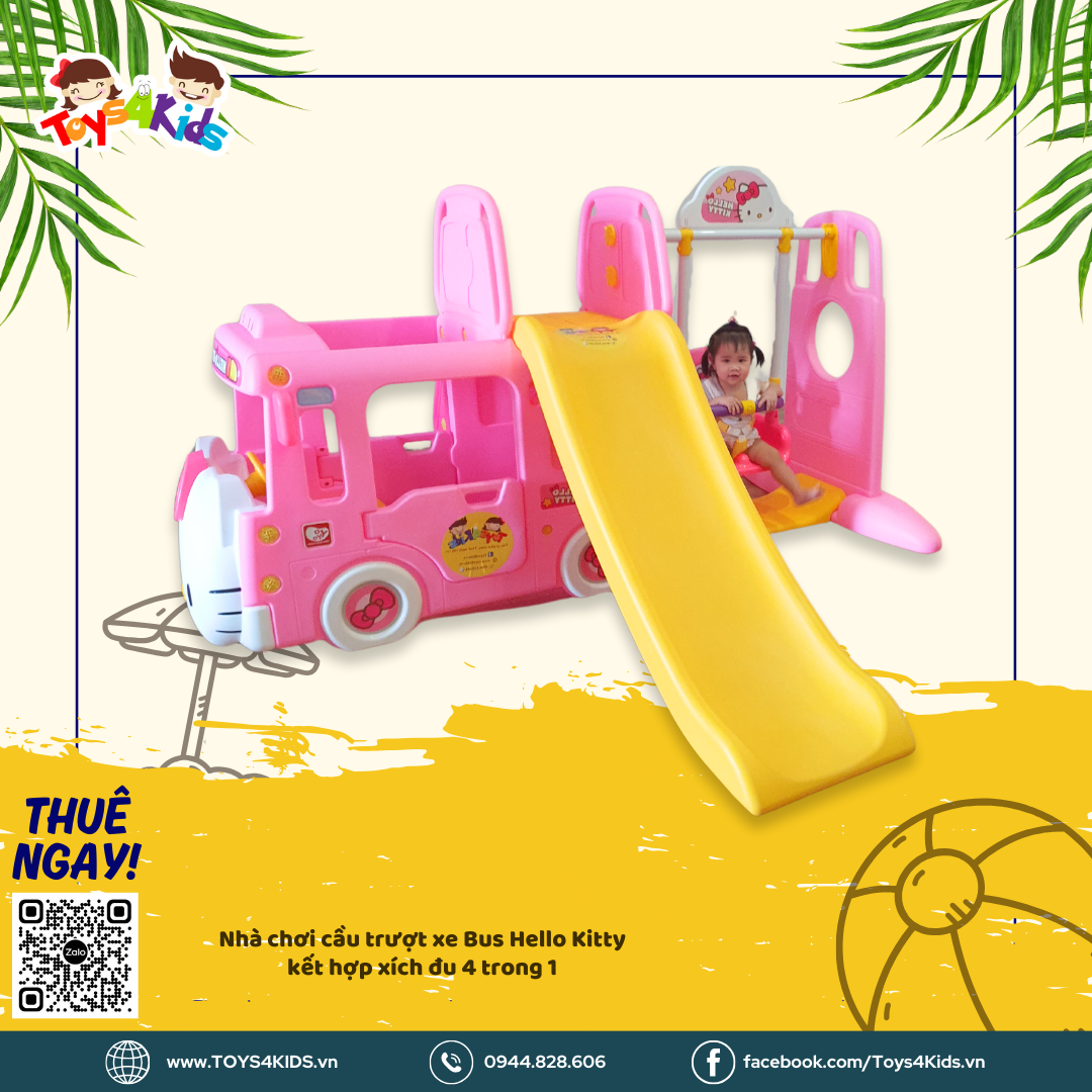  Nhà chơi cầu trượt xe Bus Hello Kitty kết hợp xích đu 4 trong 1 
