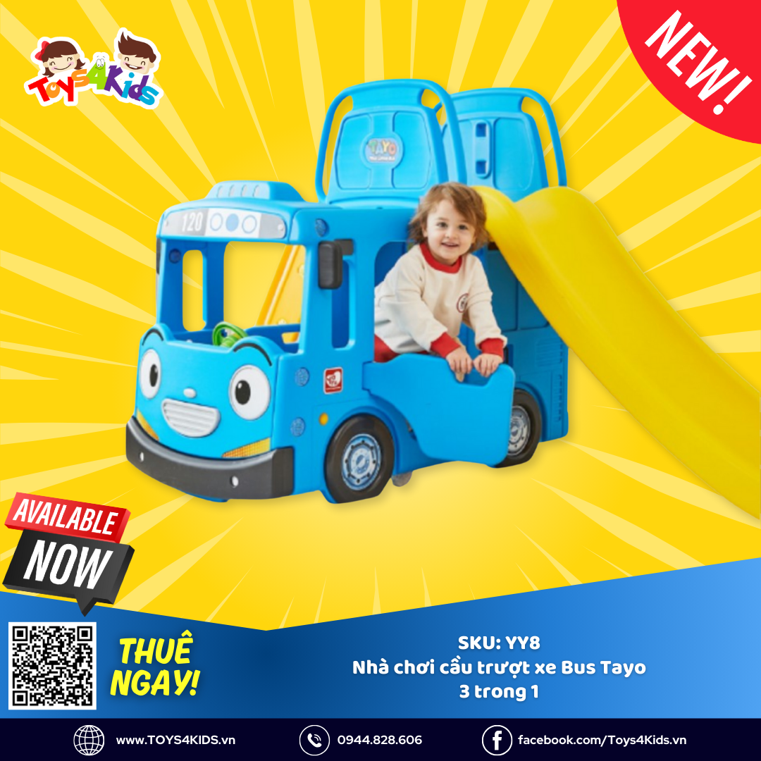  Nhà chơi cầu trượt xe Bus Tayo 3 trong 1 