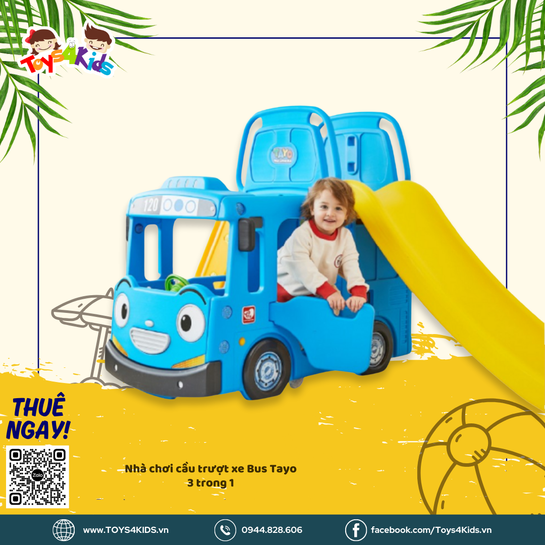  Nhà chơi cầu trượt xe Bus Tayo 3 trong 1 