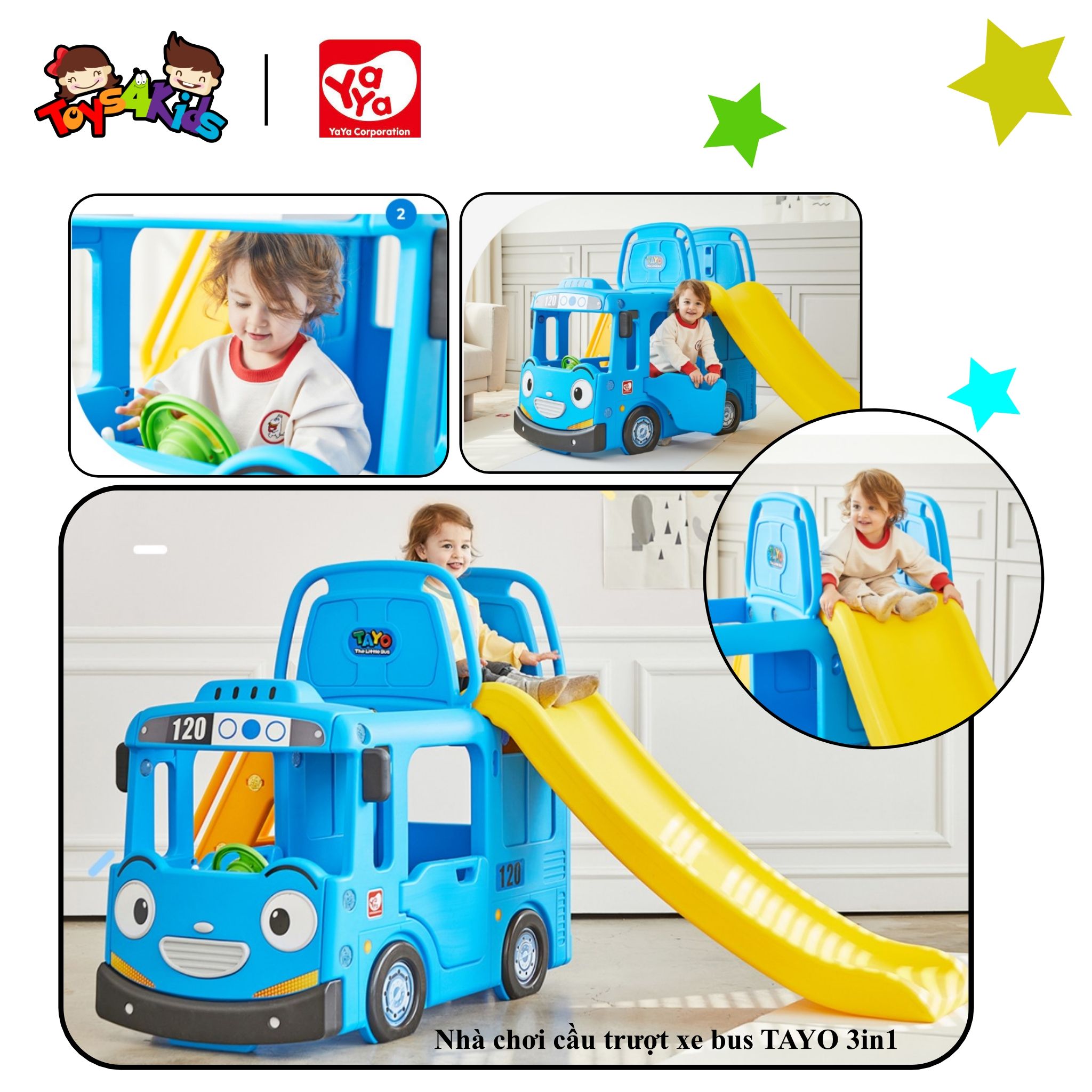  Nhà chơi cầu trượt xe Bus Tayo 3 trong 1 