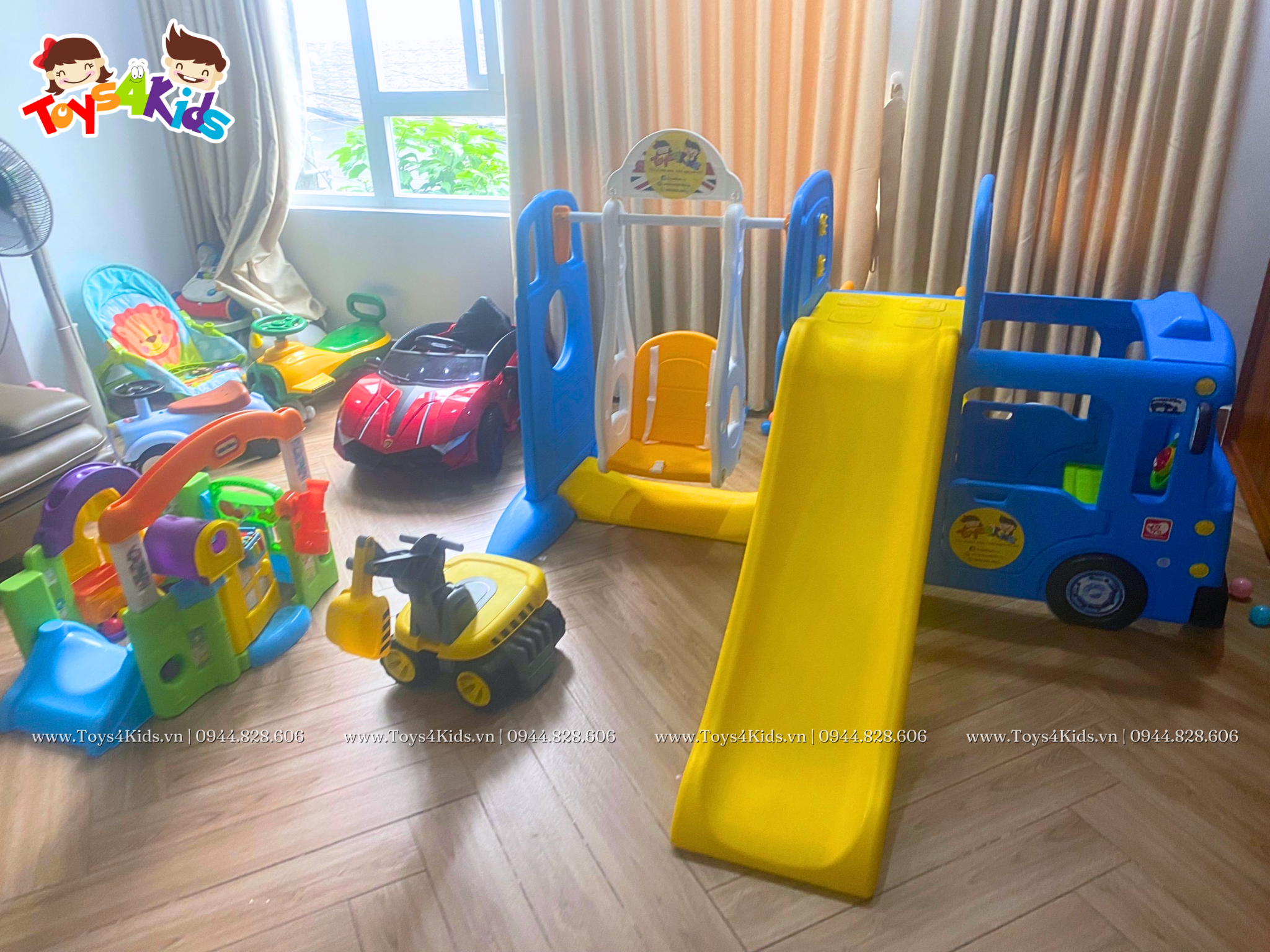  Nhà chơi cầu trượt quây bóng xe Bus Tayo kết hợp xích đu 4 trong 1 