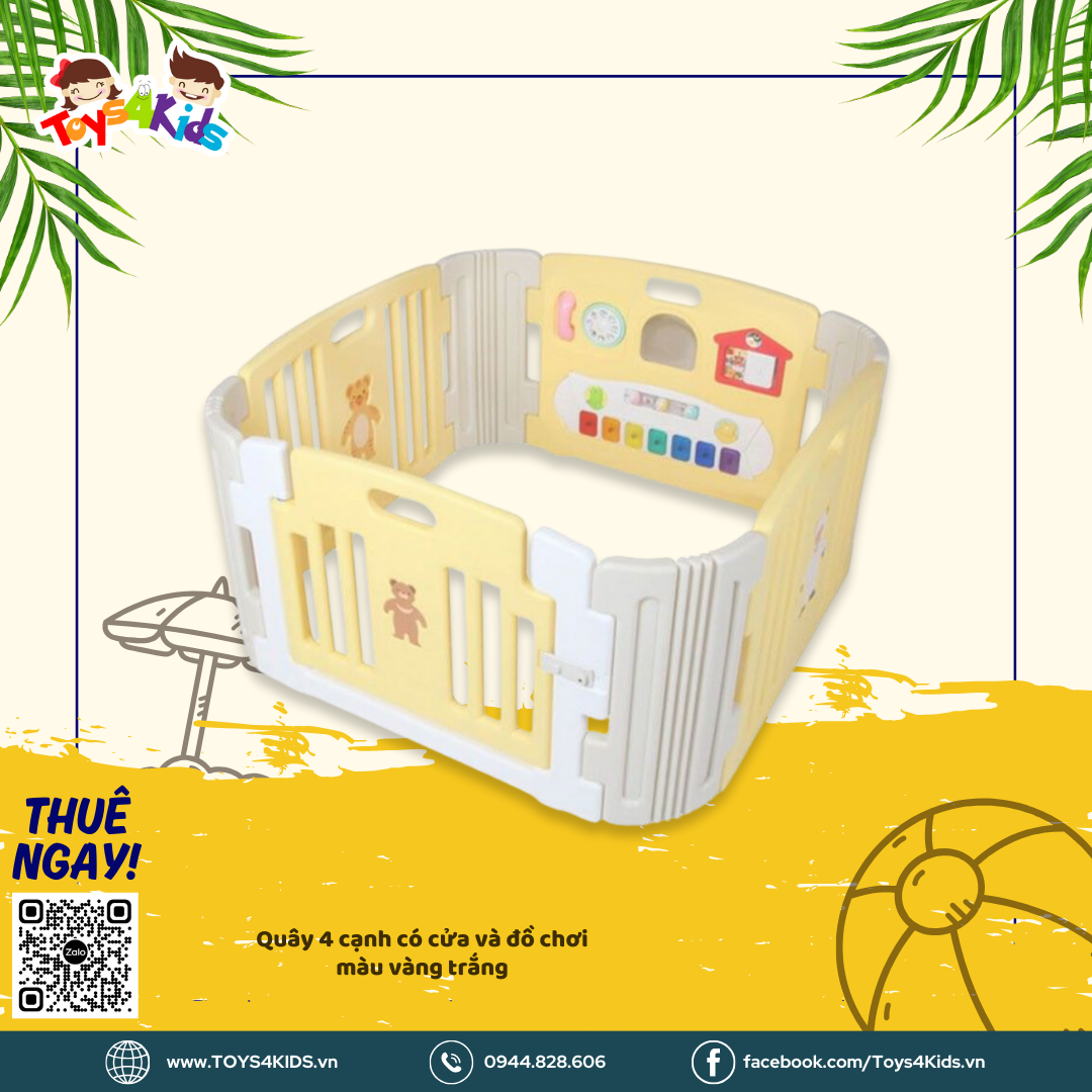  Quây 4 cạnh có cửa và đồ chơi màu vàng trắng 
