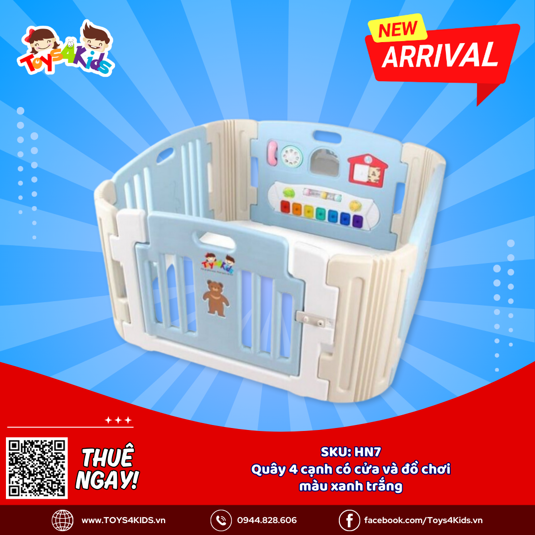  Quây 4 cạnh có cửa và đồ chơi màu xanh trắng 