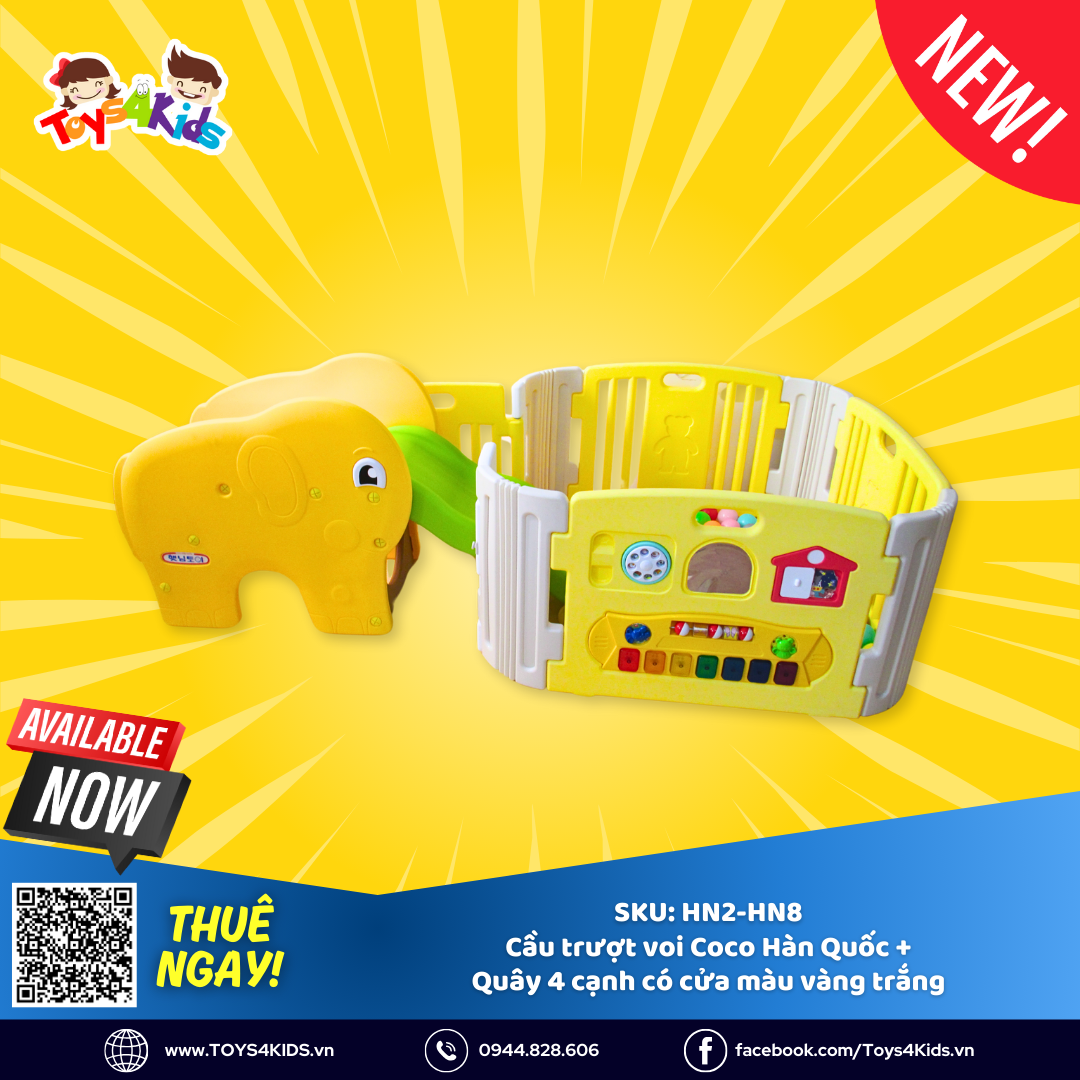  Combo Cầu trượt mini chú voi Coco Hàn Quốc + Quây 4 cạnh có cửa và đồ chơi màu vàng trắng 