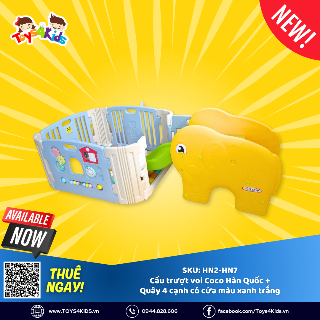  Combo Cầu trượt mini chú voi Coco Hàn Quốc + Quây 4 cạnh có cửa và đồ chơi màu xanh trắng 