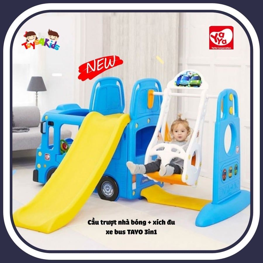 Nhà chơi cầu trượt quây bóng xe Bus Tayo kết hợp xích đu 4 trong 1 