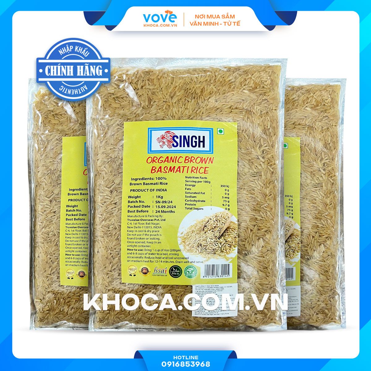  Gạo lứt Ấn Độ SINGH Brown Basmati rice, phù hợp người tiểu đường, giảm cân, 1kg 