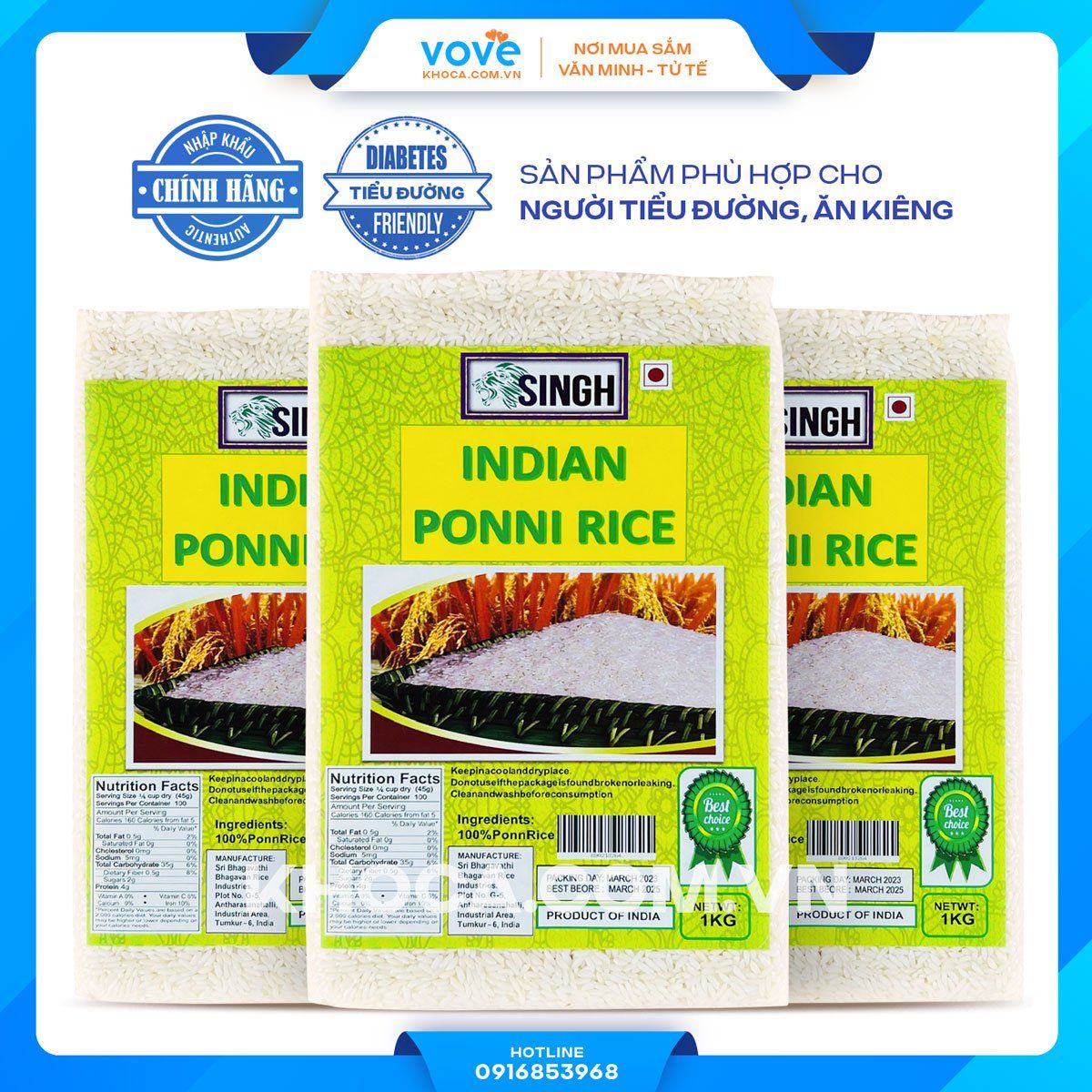  Gạo hạt ngắn, nhỏ xíu Ấn Độ SingH Ponni Rice, 1kg 