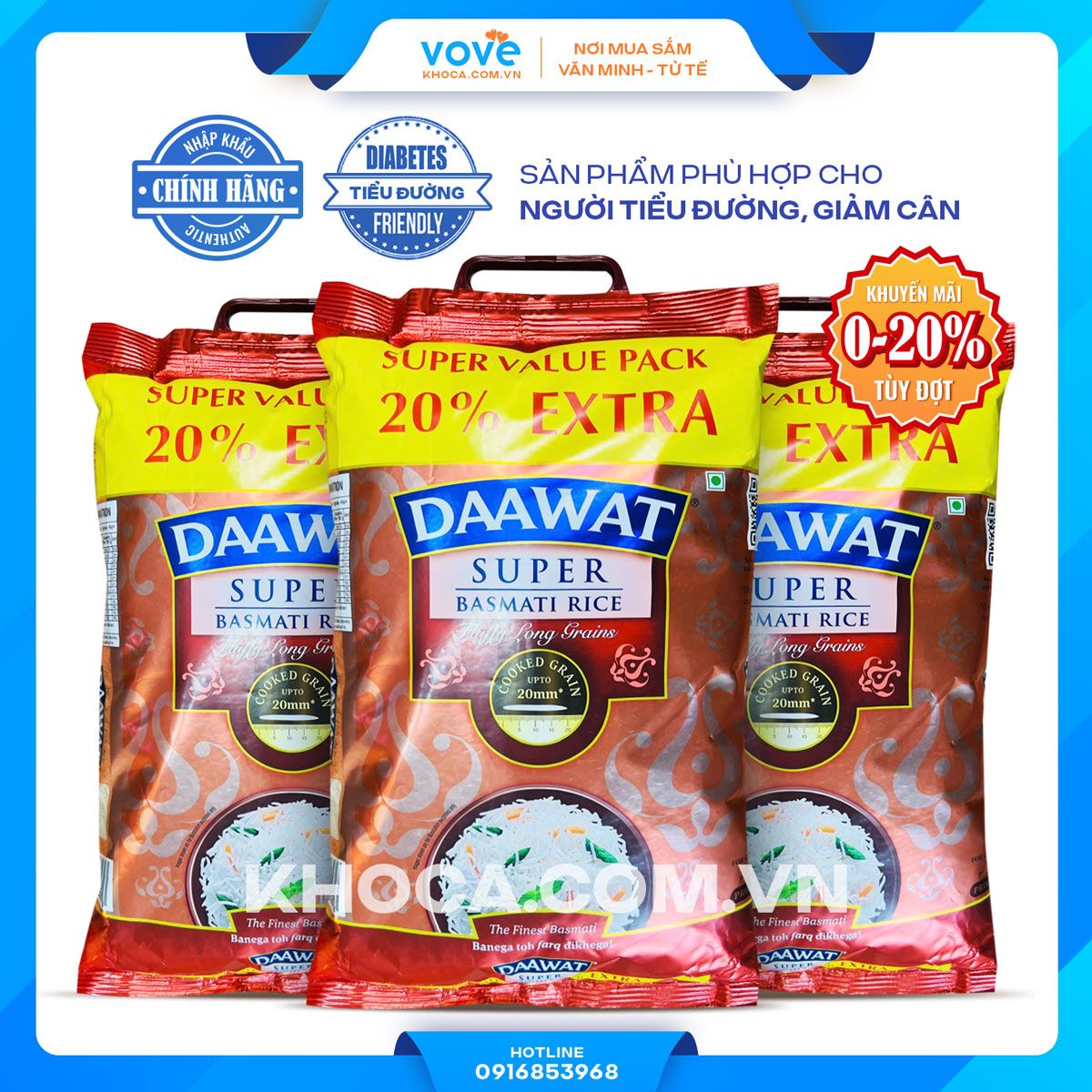 Gạo hạt dài Ấn Độ DAAWAT Super Basmati Rice, phù hợp người tiều đường, giảm cân, 5kg 