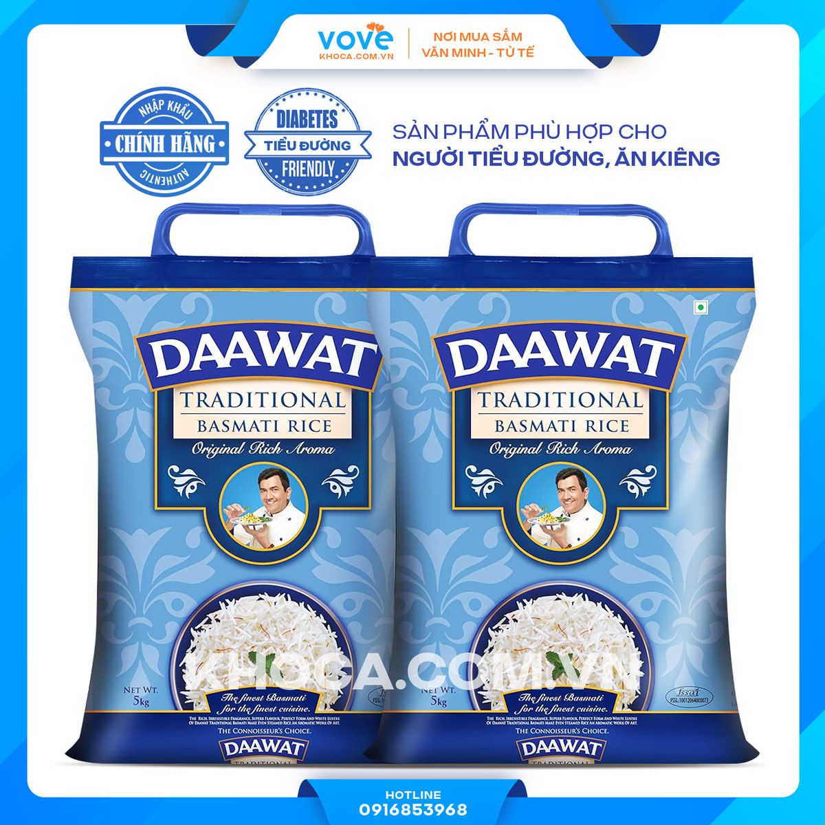  Gạo hạt dài Ấn Độ truyền thống DAAWAT Traditional Basmati Rice, phù hợp người tiểu đường, ăn kiêng, 5kg 