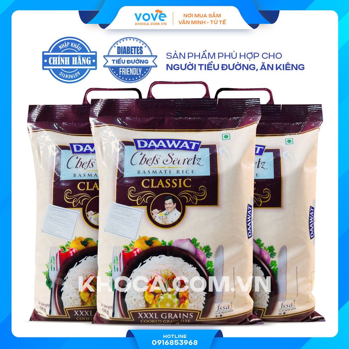  Gạo hạt dài Ấn Độ DAAWAT Chef's Secrets Basmati Rice, phù hợp người tiểu đường, ăn kiêng, 5kg 