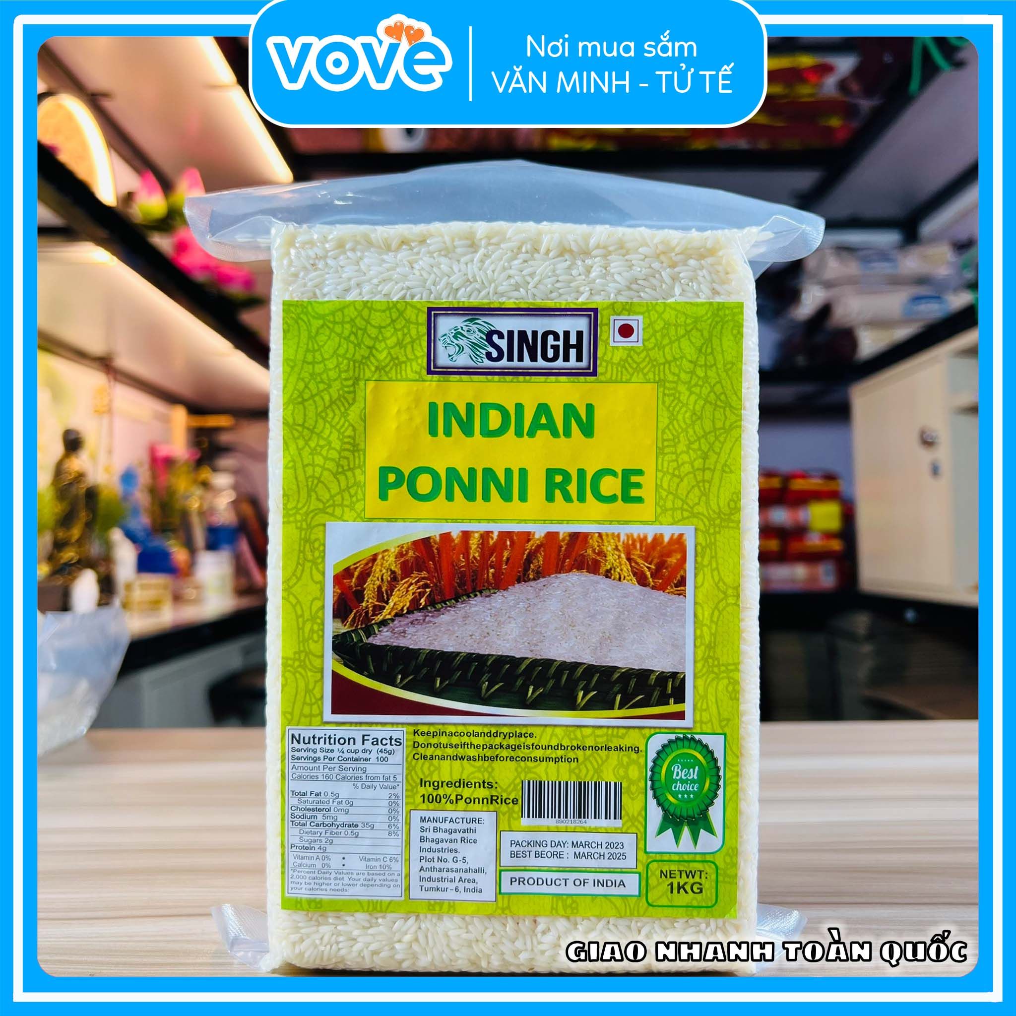  Gạo hạt ngắn, nhỏ xíu Ấn Độ SingH Ponni Rice, 1kg 