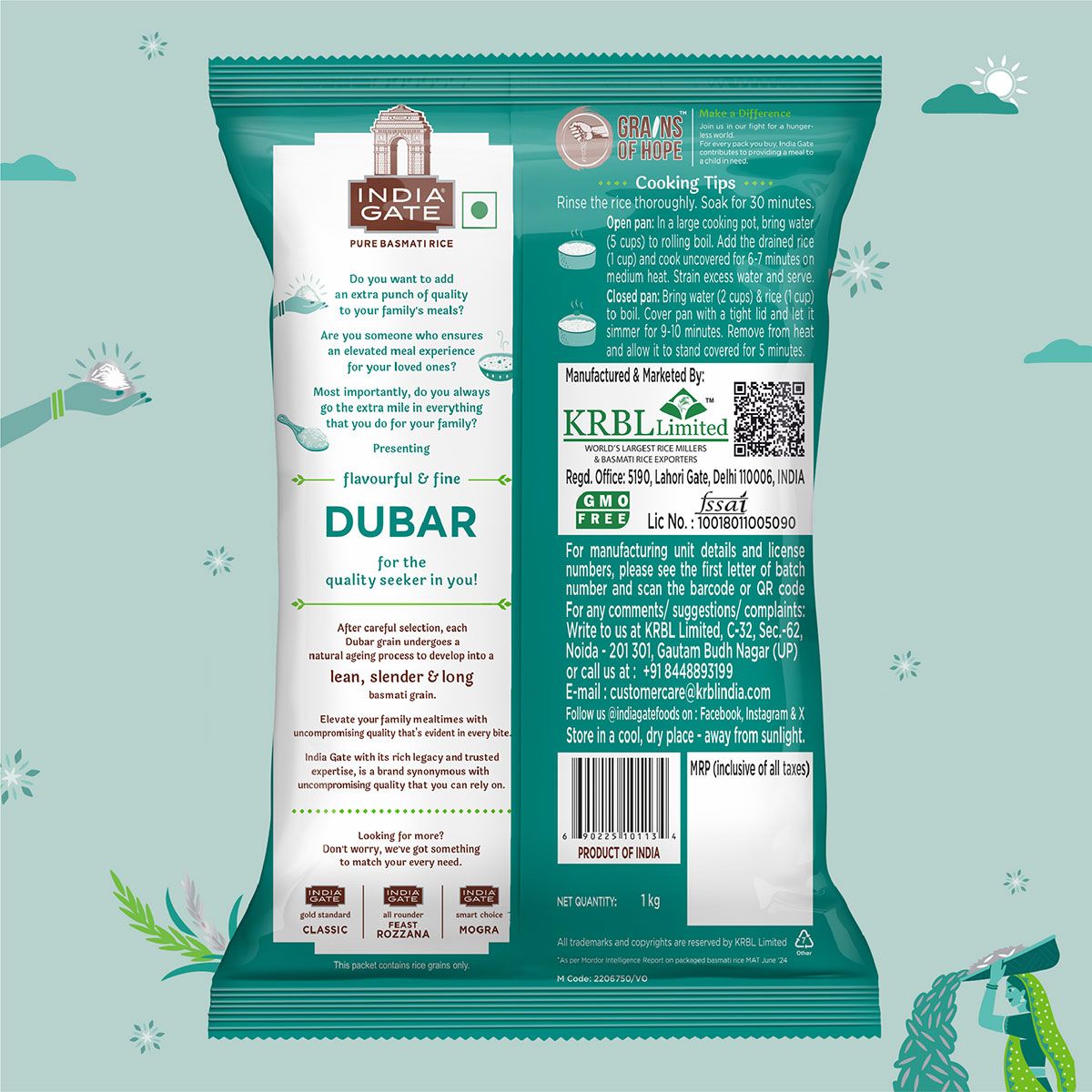  Gạo hạt dài Ấn Độ INDIA GATE Dubar Basmati Rice, phù hợp người tiểu đường, giảm cân, 1kg 