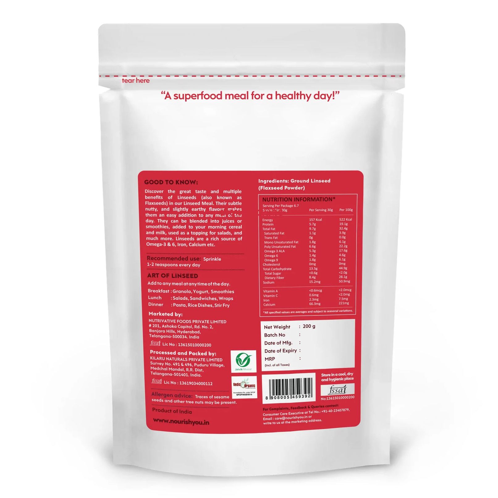 bot hat lanh huu co an do nourishyou organic linseed meal flaxseed powder 200gr