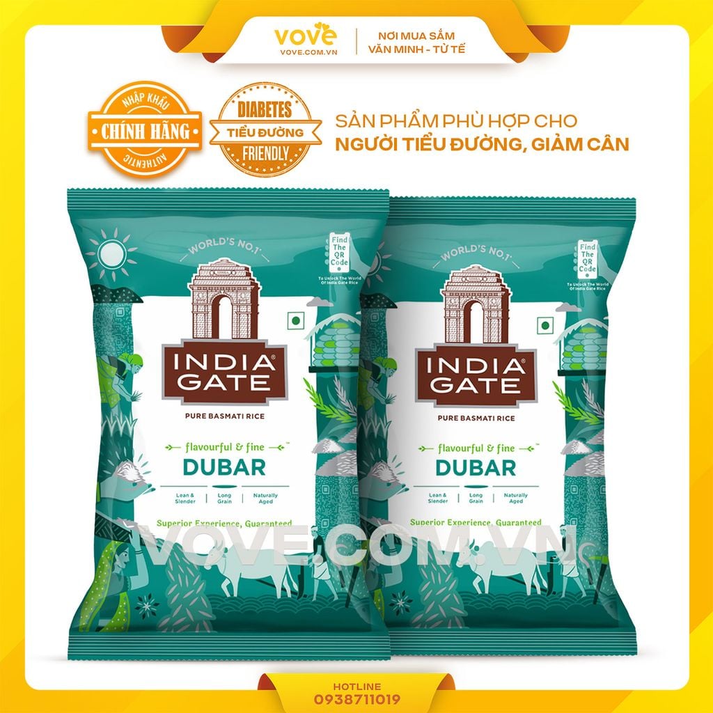 Gạo hạt dài Ấn Độ INDIA GATE Dubar Basmati Rice, phù hợp người tiểu đường, giảm cân, 1kg