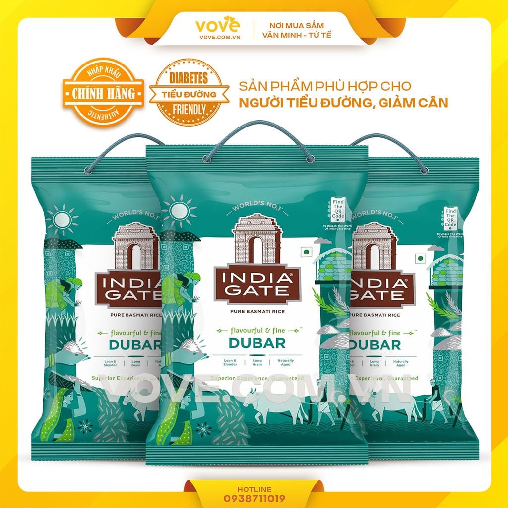 Gạo hạt dài Ấn Độ INDIA GATE Dubar Basmati Rice, phù hợp người tiểu đường, giảm cân, 5kg