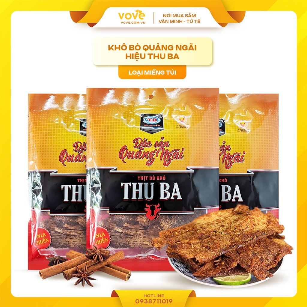 Khô bò Quảng Ngãi hiệu Thu Ba loại Miếng túi 200gr