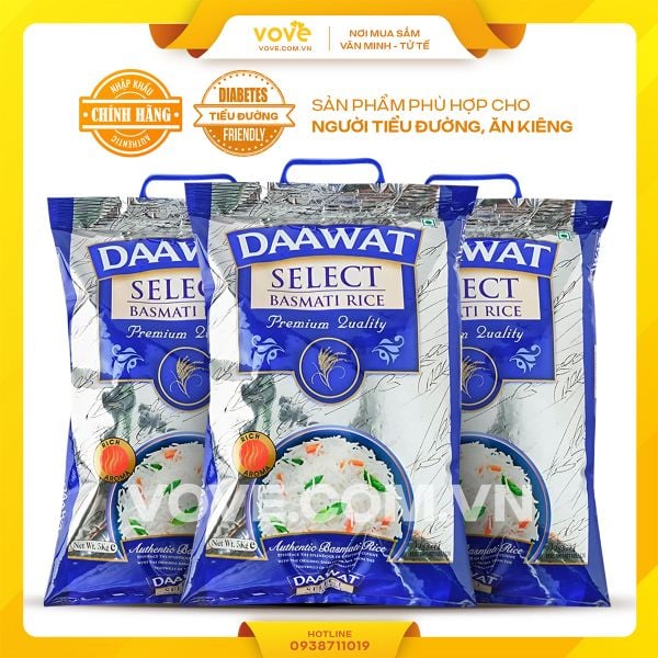  (Gạo Basmati Premium) Gạo hạt dài Ấn Độ cao cấp DAAWAT Premium Basmati Rice, phù hợp người tiểu đường, ăn kiêng, 5kg 