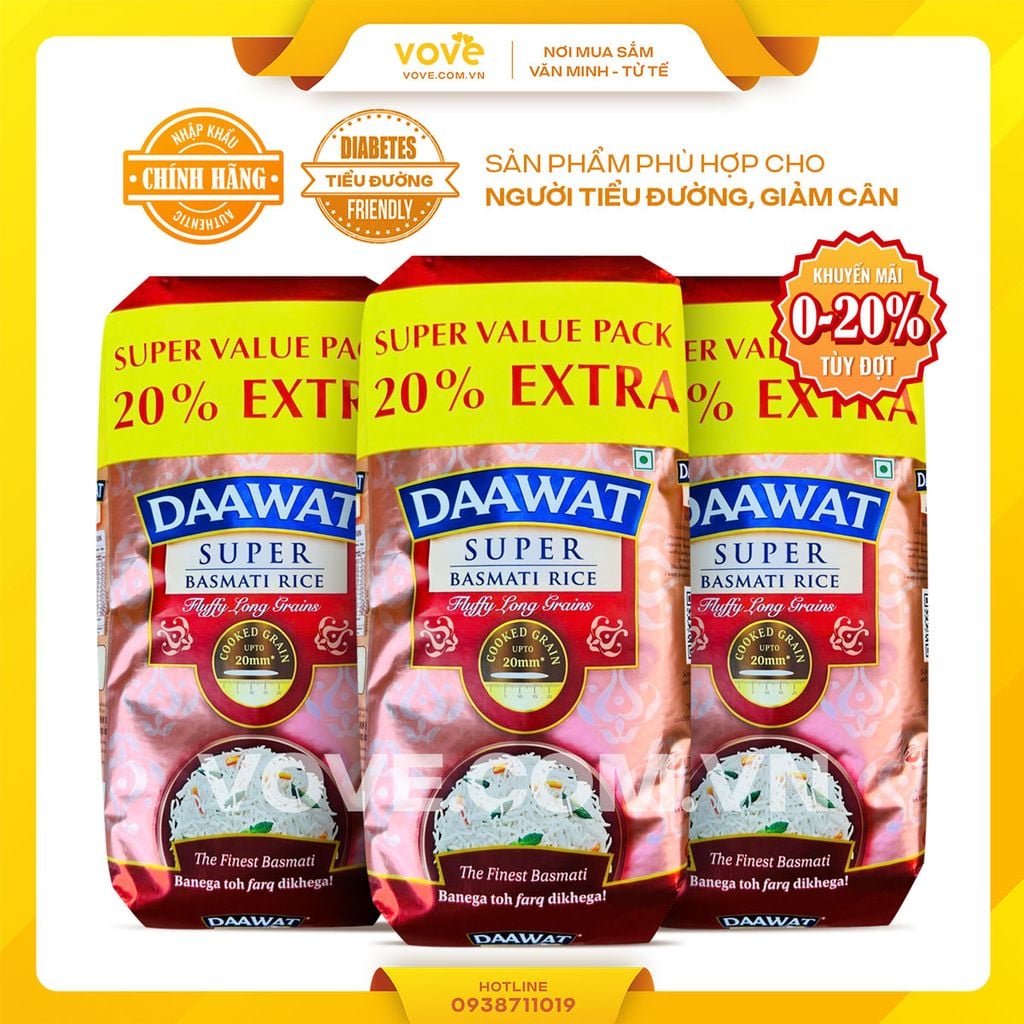 (Tặng 10%) Gạo hạt dài Ấn Độ DAAWAT Super Basmati Rice, phù hợp người tiểu đường, giảm cân, 1.1 kg