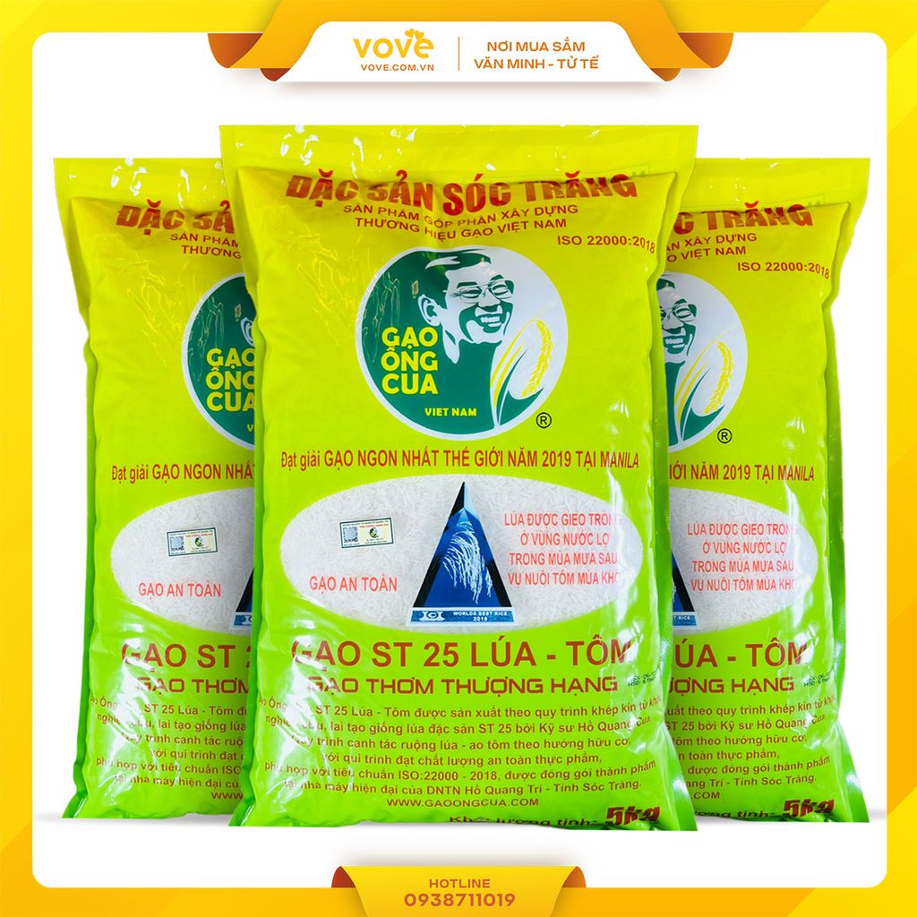 Gạo ST25 loại Lúa tôm Sóc Trăng, hiệu Ông Cua THẬT 100%, Ngon Nhất Thế Giới 2019, 2023, 5 kg