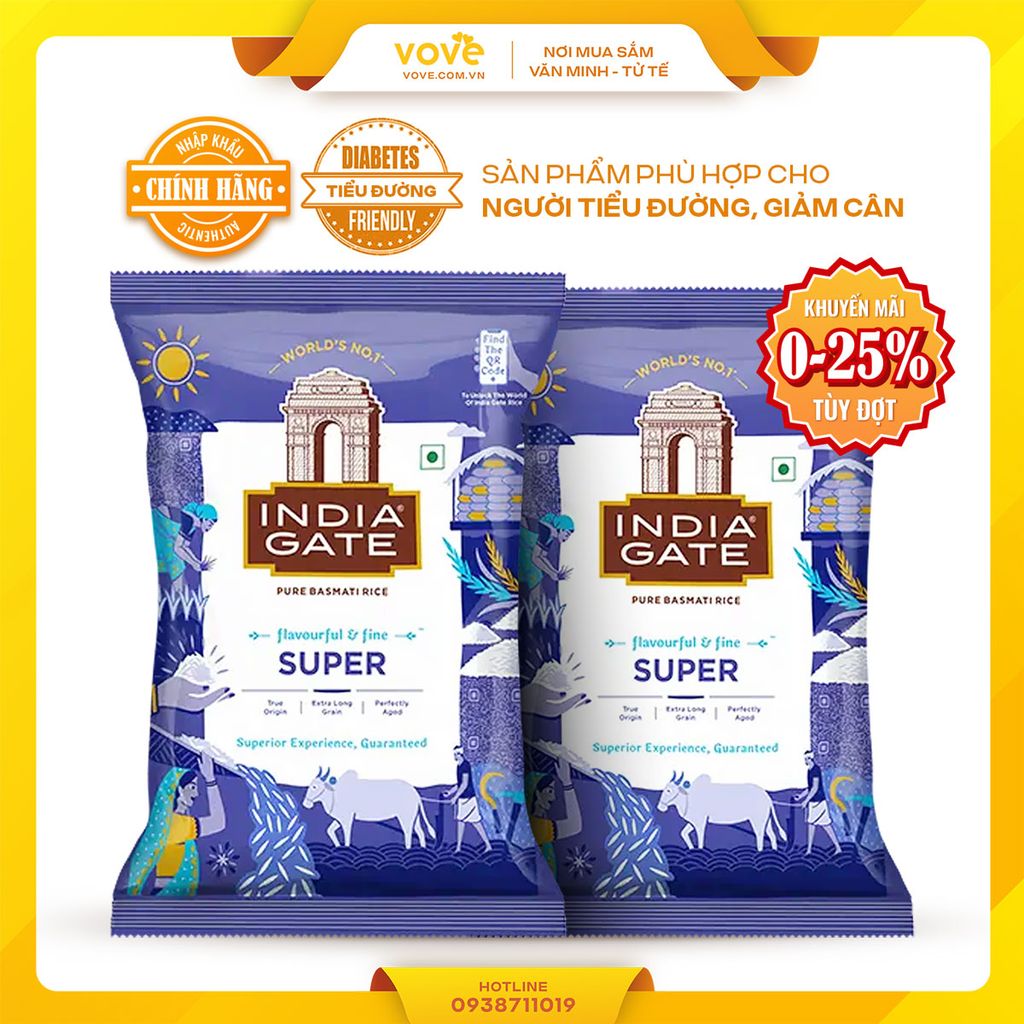 (Tặng 20%) Gạo hạt dài Ấn Độ INDIA GATE Super Basmati Rice, phù hợp người tiểu đường, giảm cân, 1,2kg
